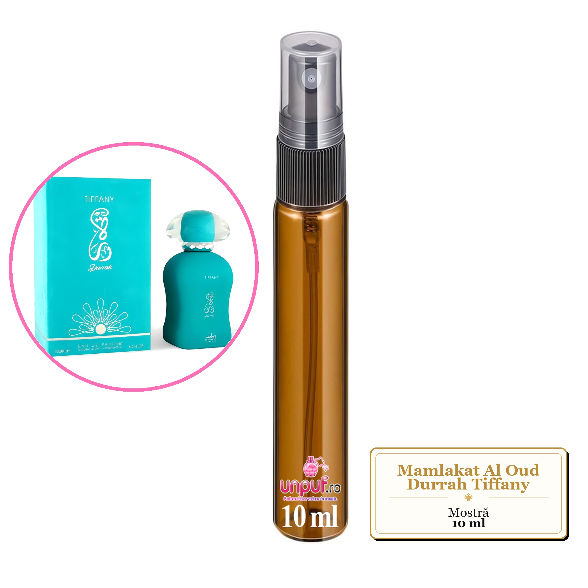 Mostra fiola din Parfumul Mamlakat Al Oud Durrah Tiffany, decant sticla cu pulverizator 