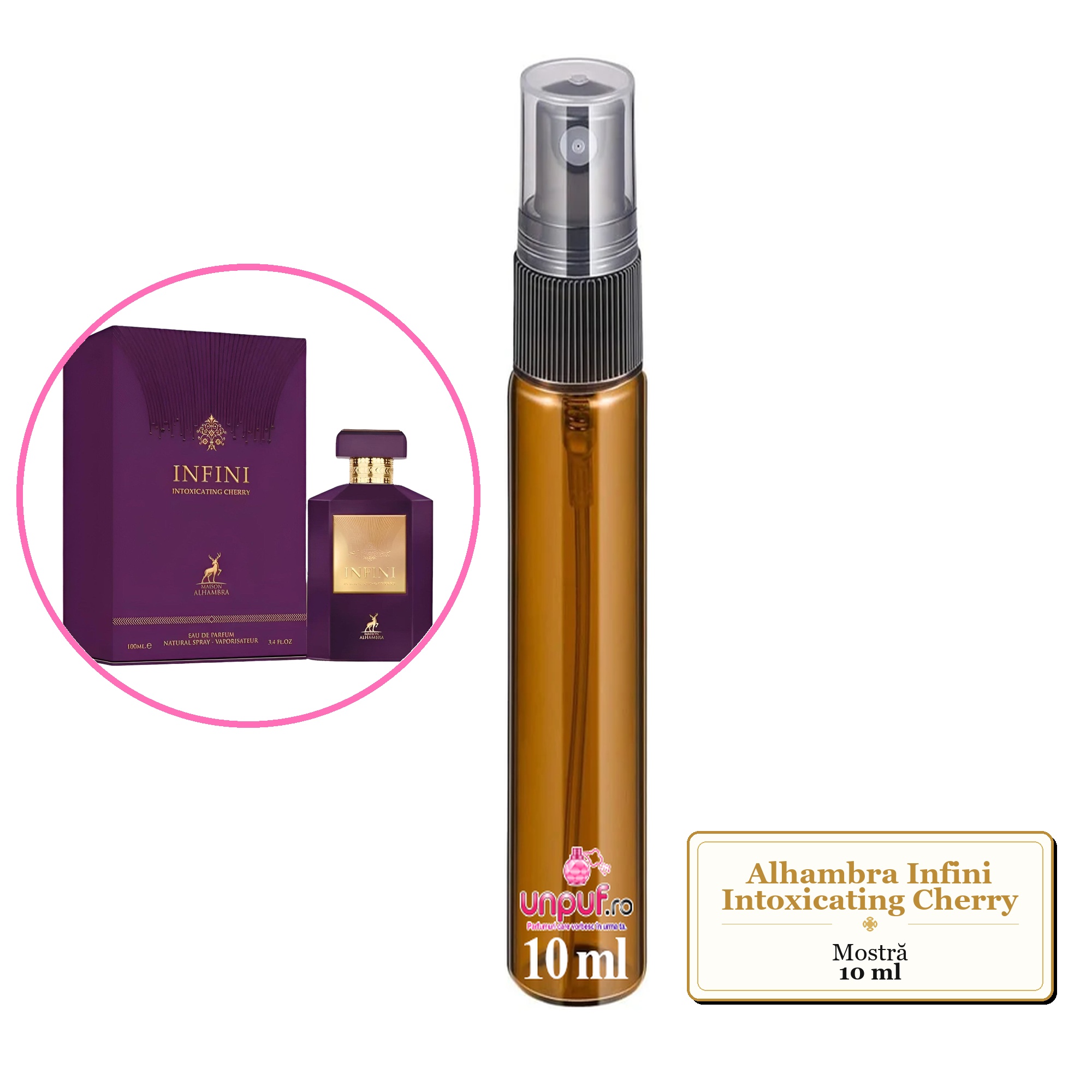 Mostra fiola din Parfumul Alhambra Infini Intoxicating Cherry, decant sticla cu pulverizator 