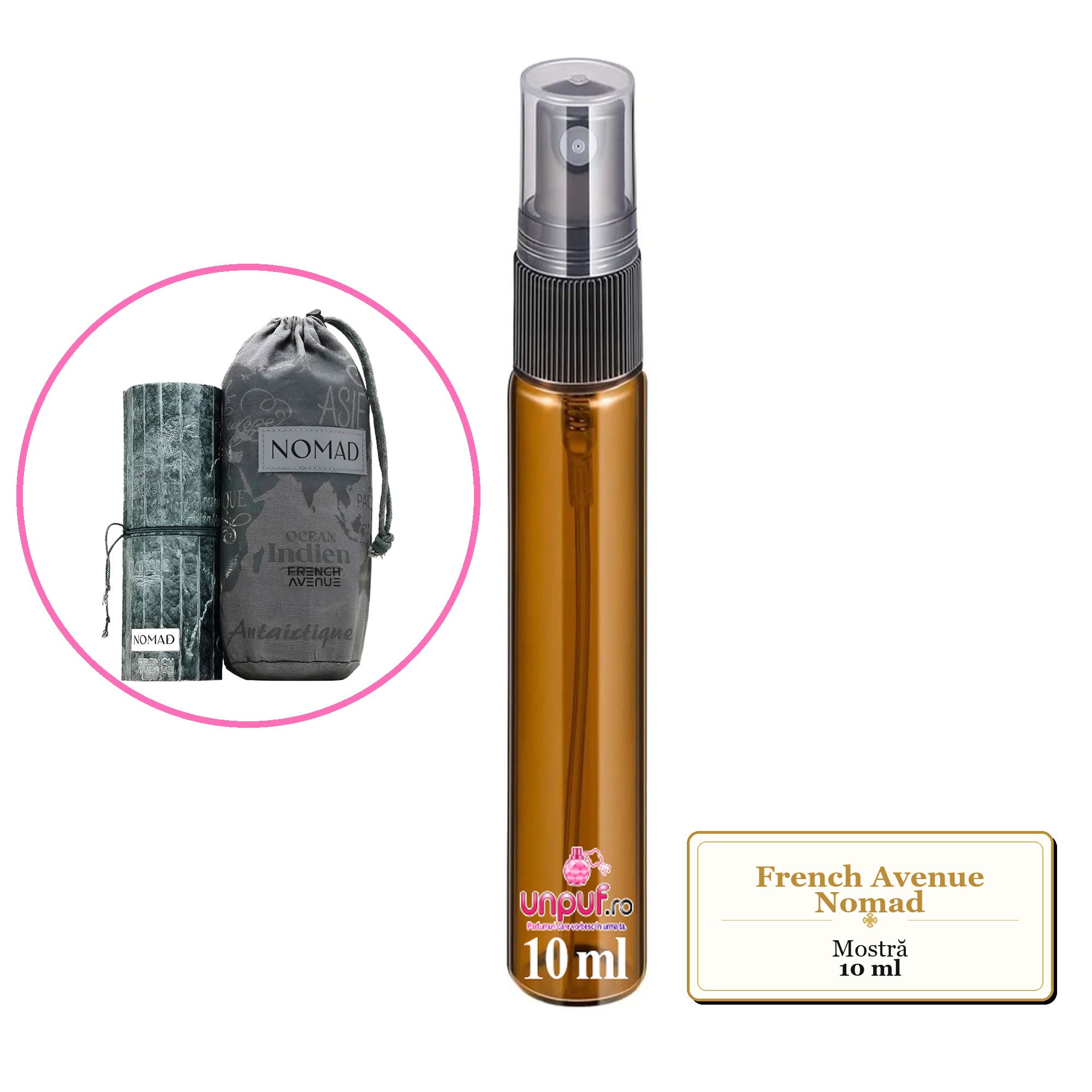 Mostra fiola din Parfumul French Avenue Nomad, decant sticla cu pulverizator 