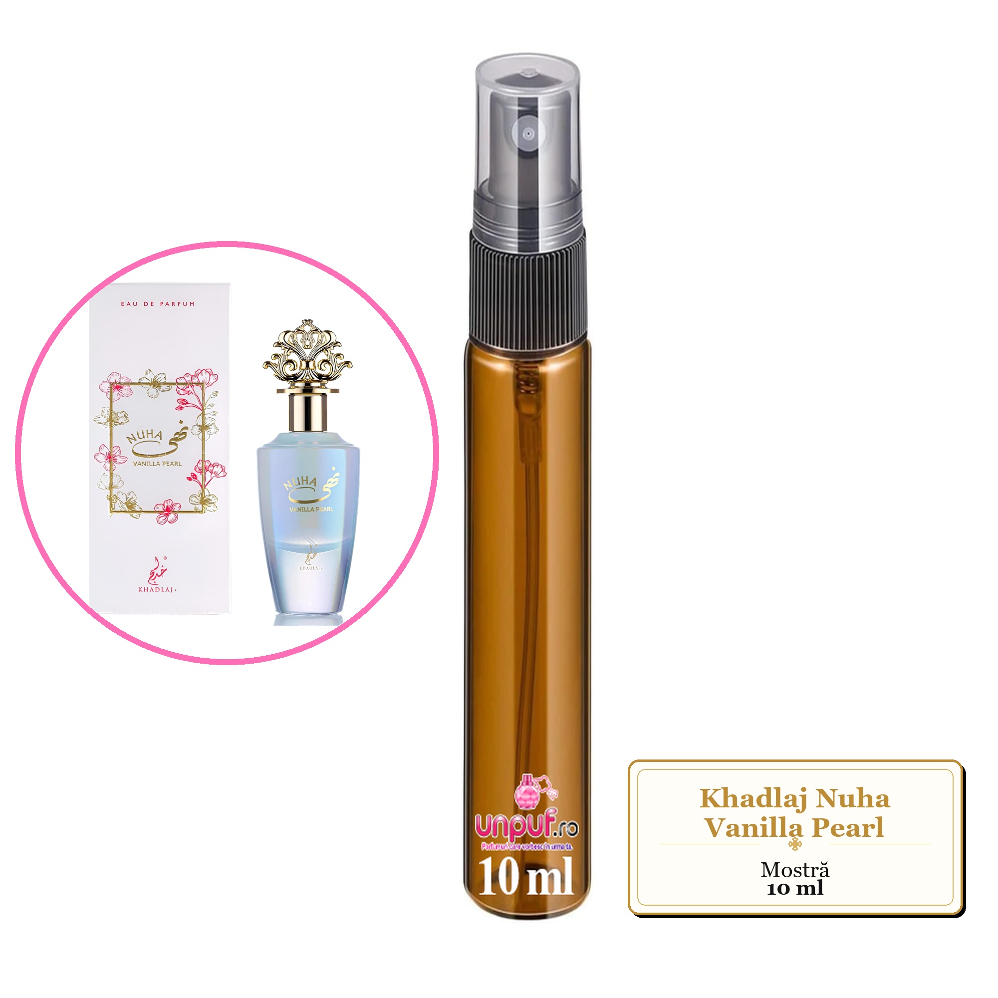 Mostra fiola din Parfumul Khadlaj Nuha Vanilla Pearl, decant sticla cu pulverizator 