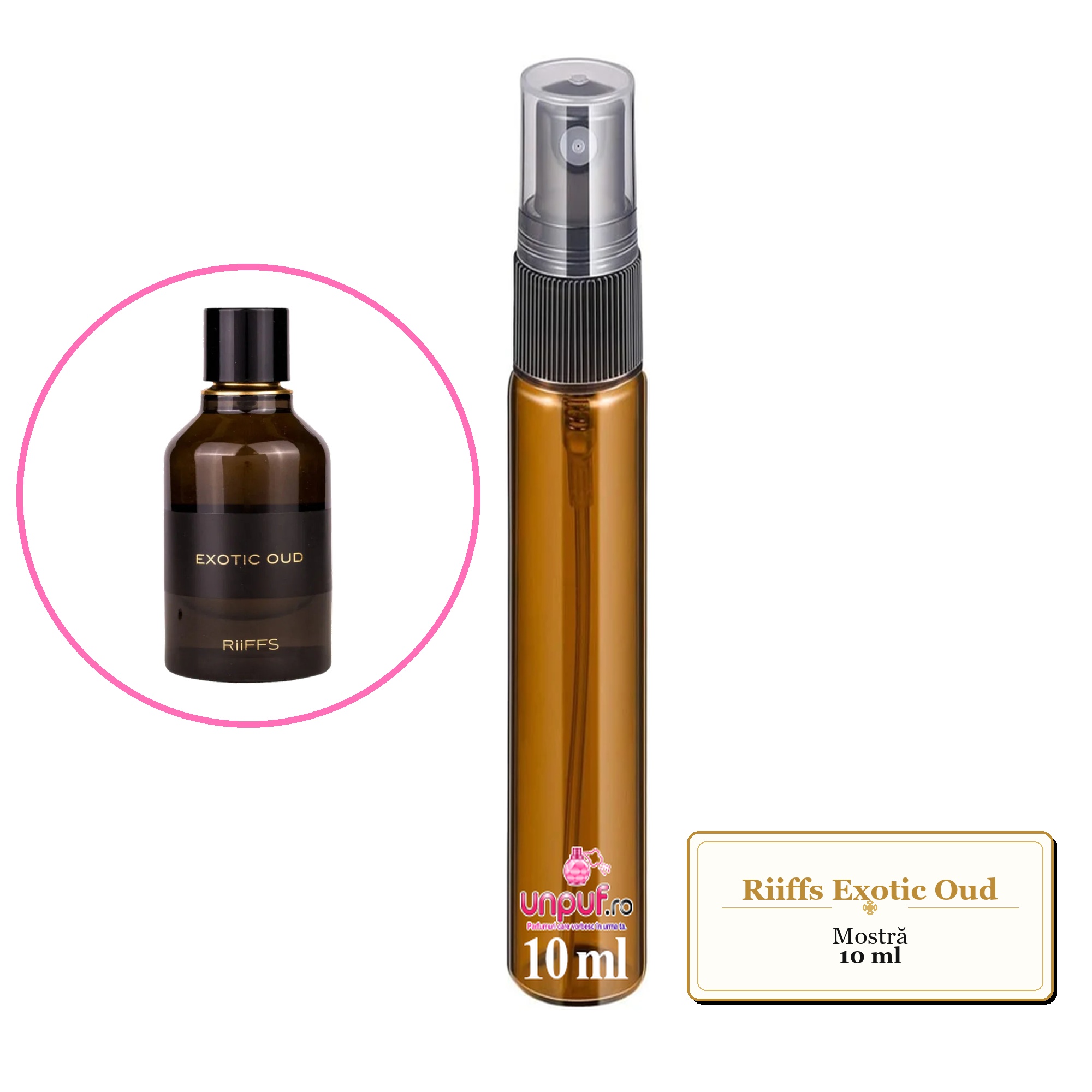 Mostra fiola din Parfumul Riiffs Exotic Oud, decant sticla cu pulverizator 