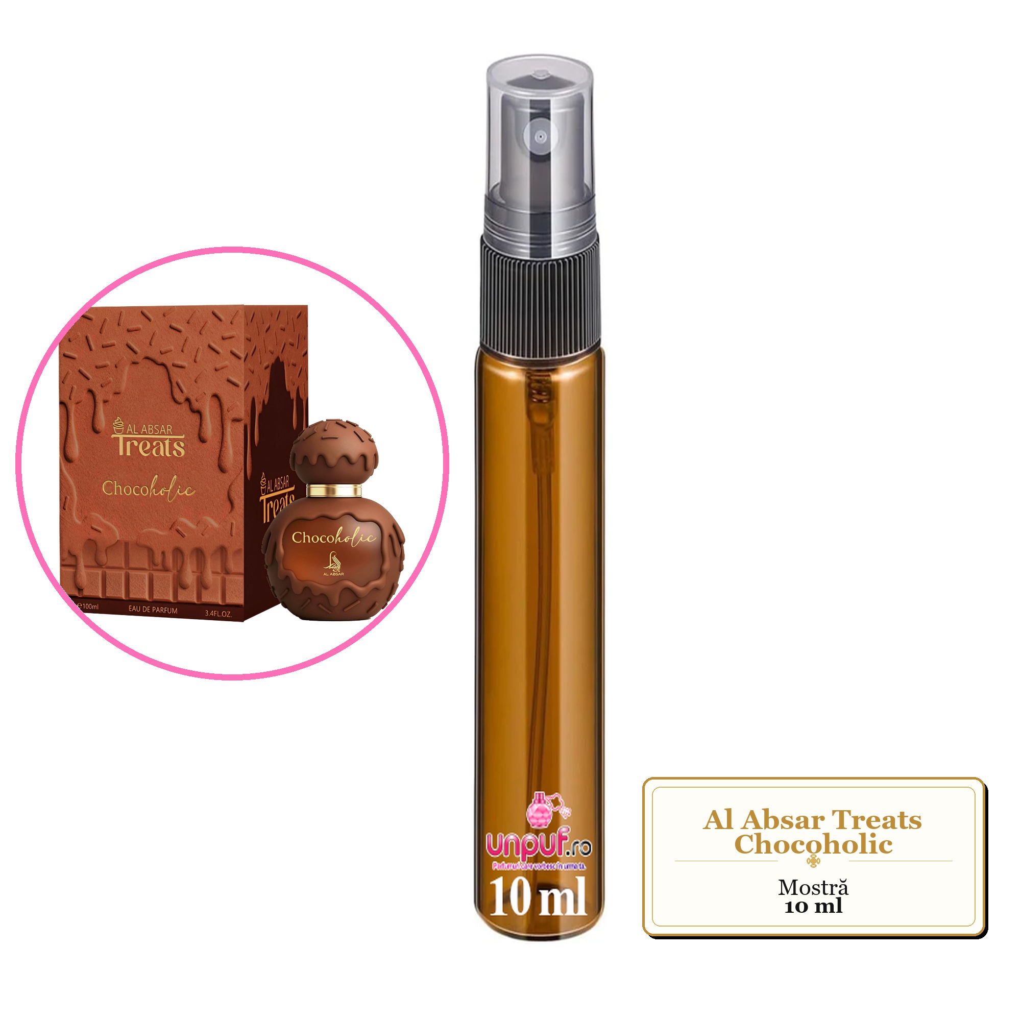 Mostra fiola din Parfumul Al Absar Treats Chocoholic, decant sticla cu pulverizator 