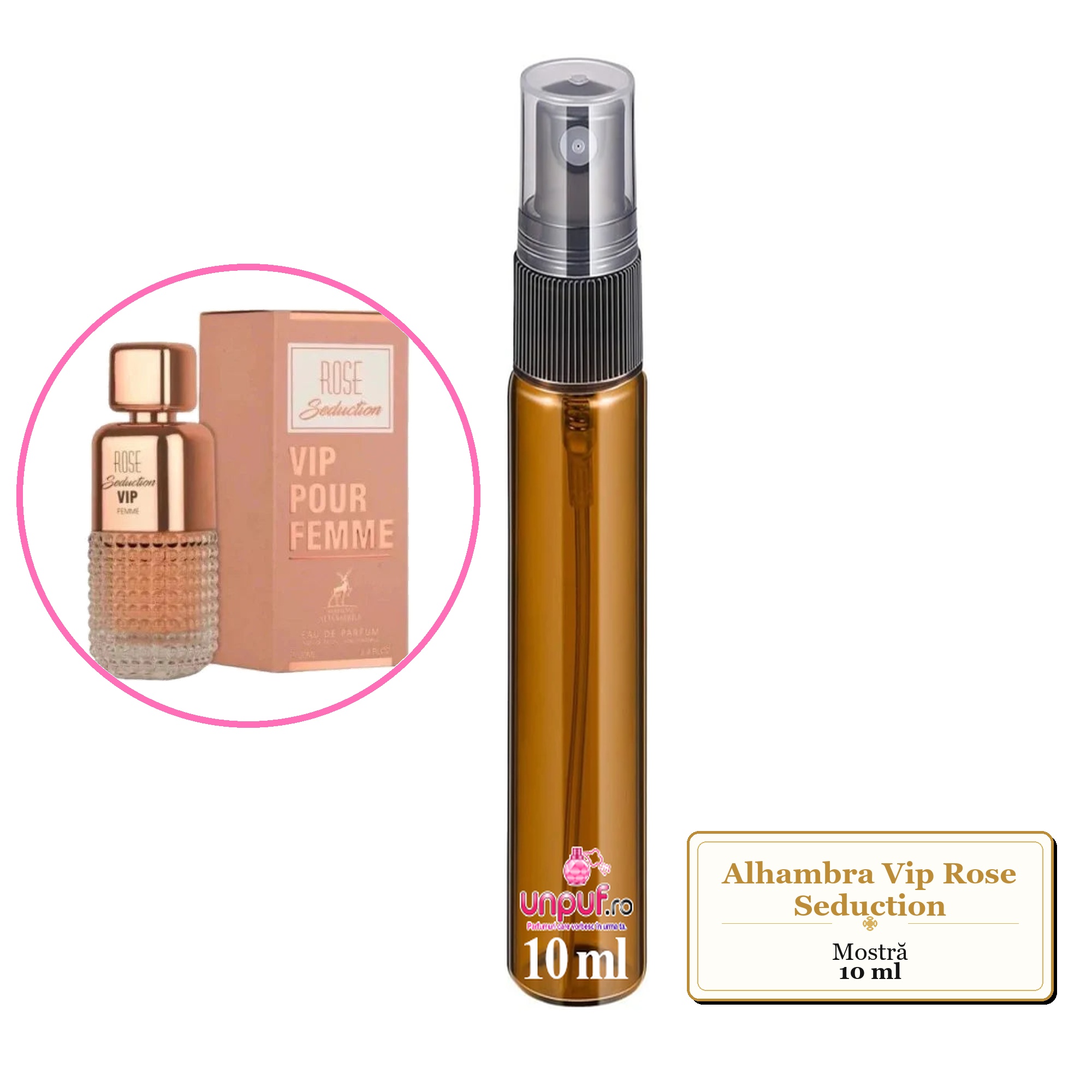 Mostra fiola din Parfumul Alhambra Vip Rose Seduction, decant sticla cu pulverizator 