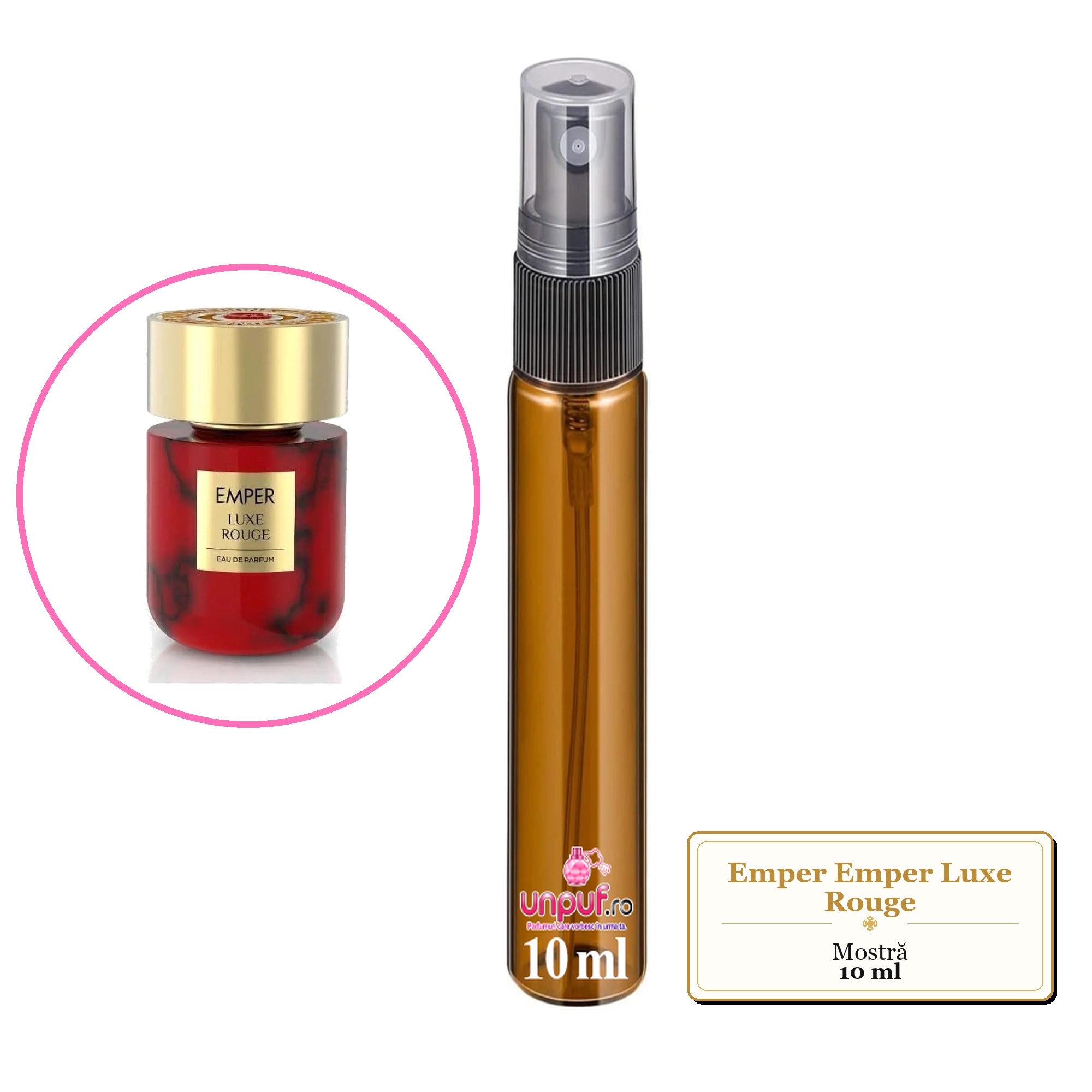 Mostra fiola din Parfumul Emper Emper Luxe Rouge, decant sticla cu pulverizator