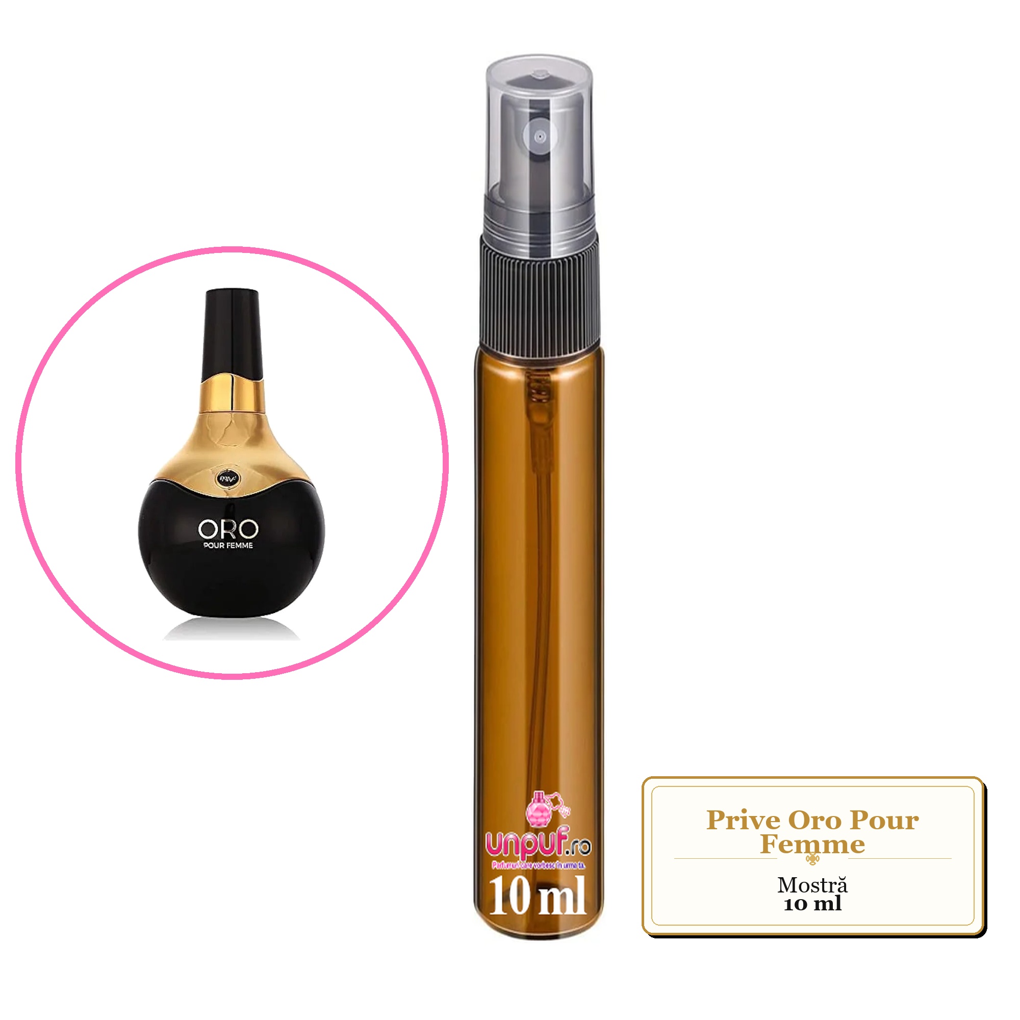 Mostra fiola din Parfumul Prive Oro Pour Femme, decant sticla cu pulverizator 