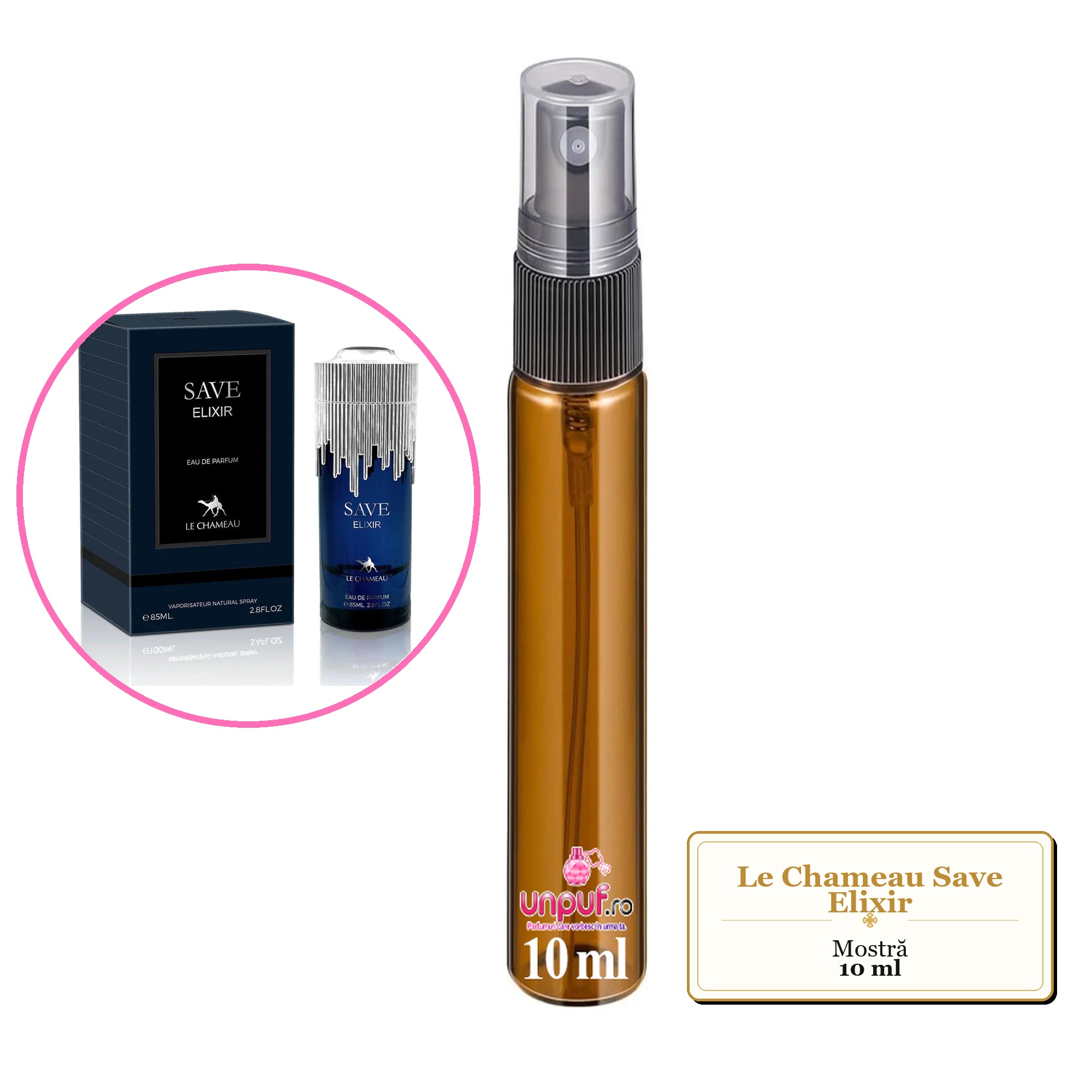 Mostra fiola din Parfumul Le Chameau Save Elixir, decant sticla cu pulverizator