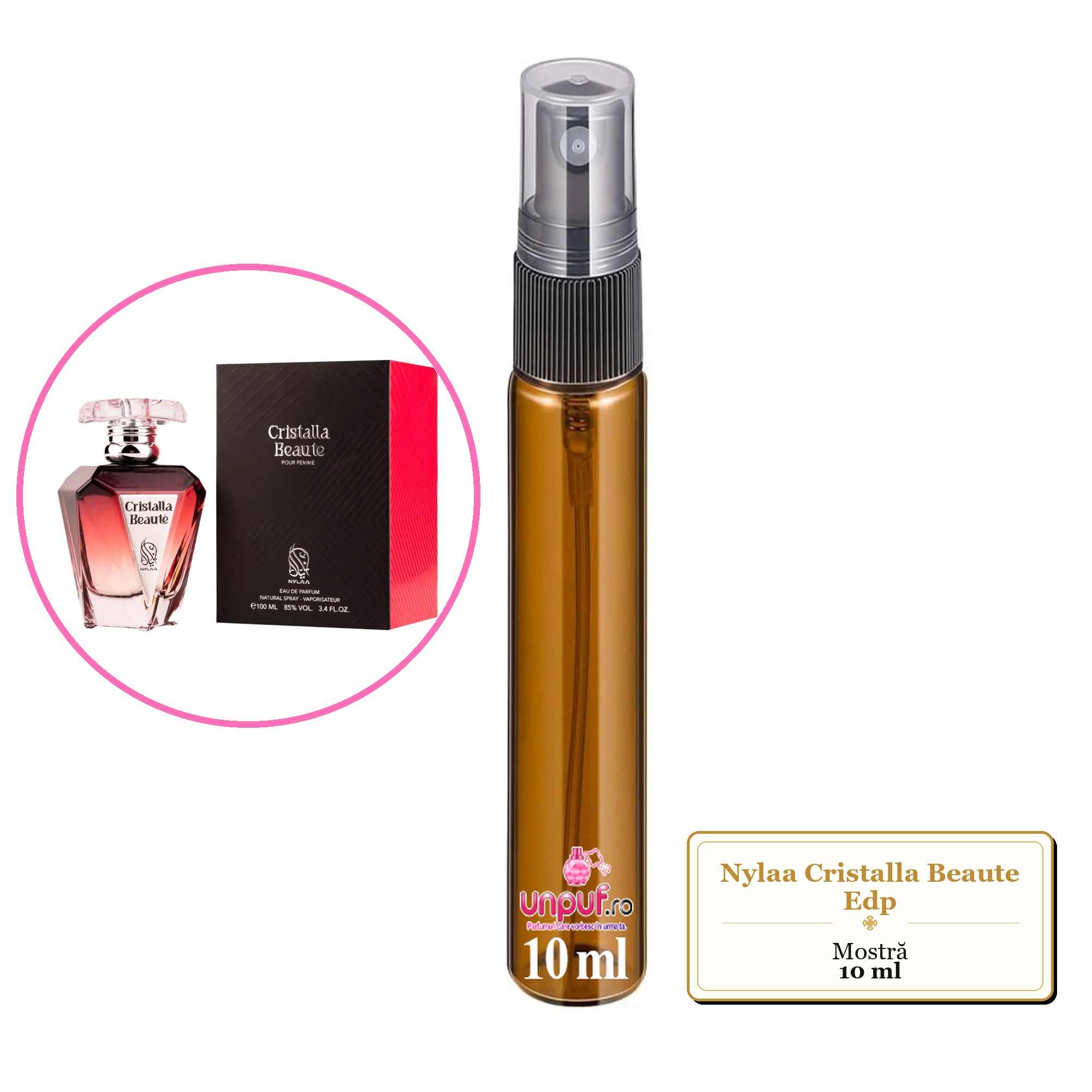 Mostra fiola din Parfumul Nylaa Cristalla Beaute Edp, decant sticla cu pulverizator