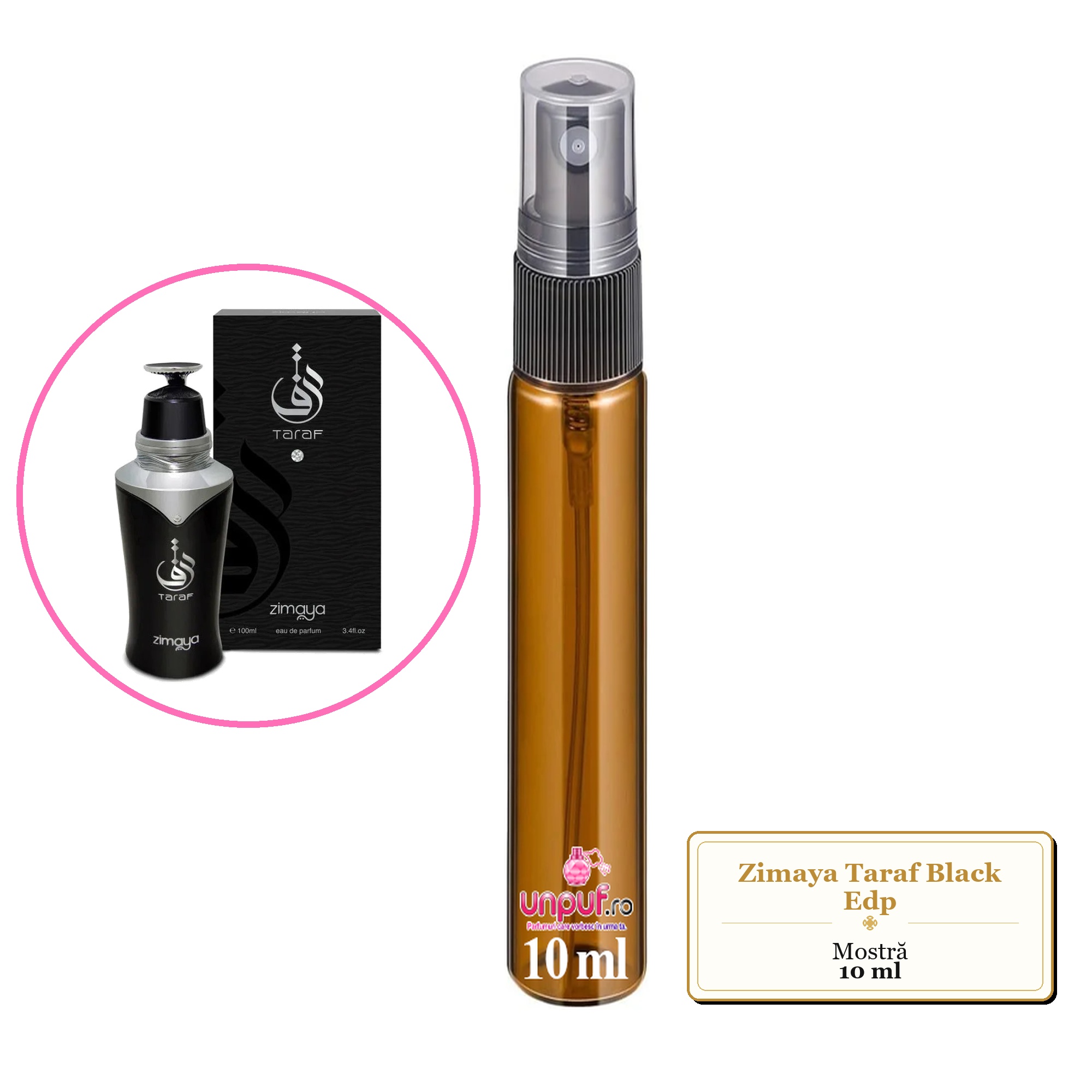 Mostra fiola din Parfumul Zimaya Taraf Black Edp, decant sticla cu pulverizator 