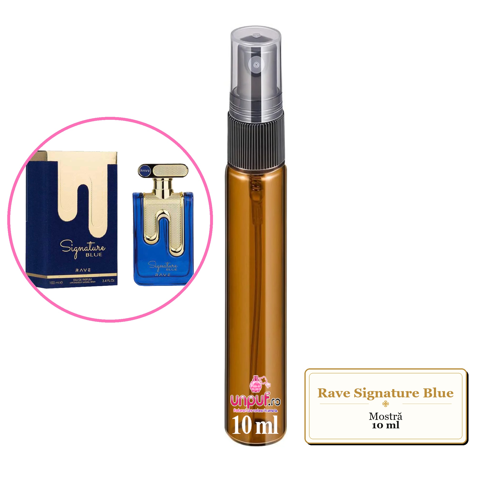 Mostra fiola din Parfumul Rave Signature Blue, decant sticla cu pulverizator 