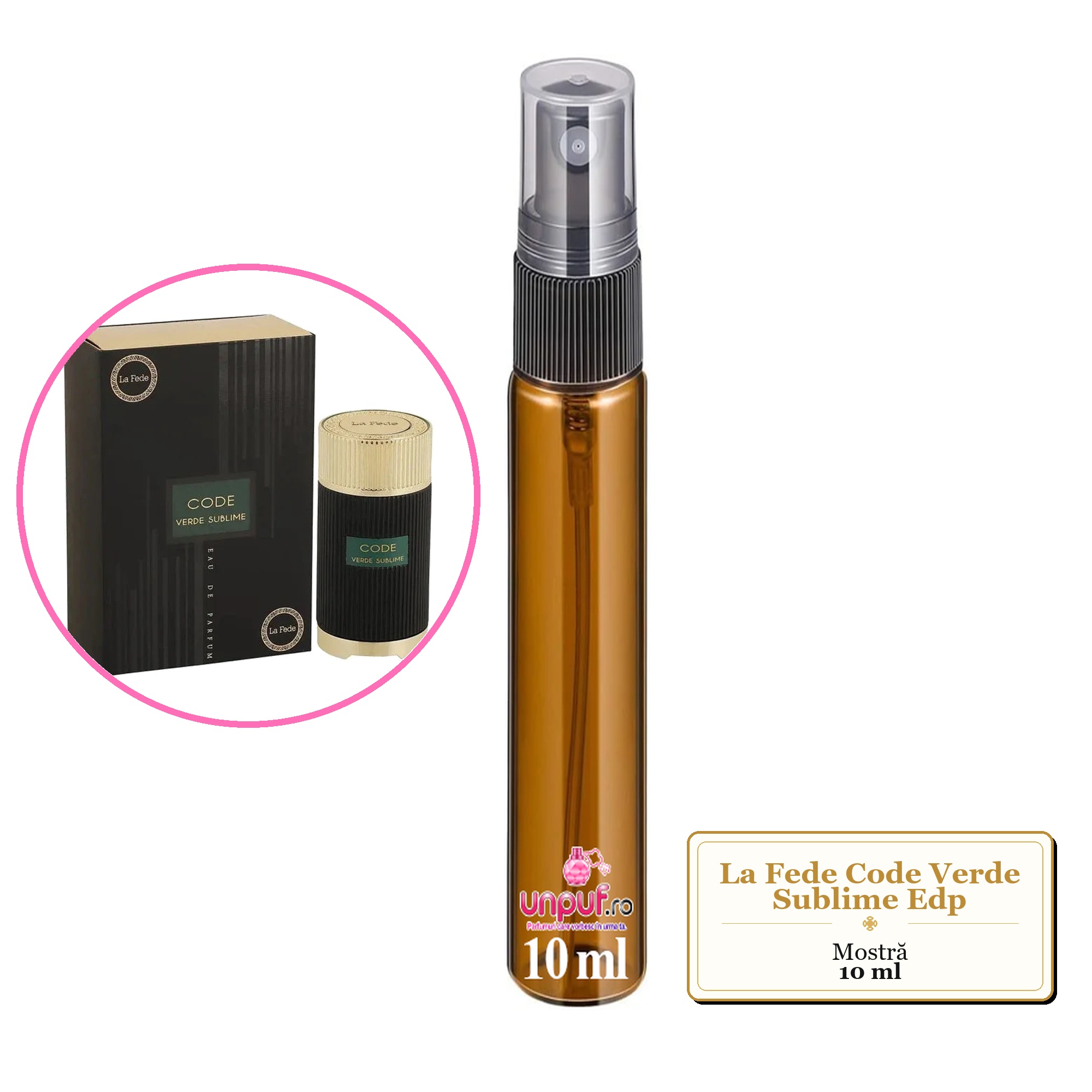 Mostra fiola din Parfumul La Fede Code Verde Sublime Edp, decant sticla cu pulverizator 