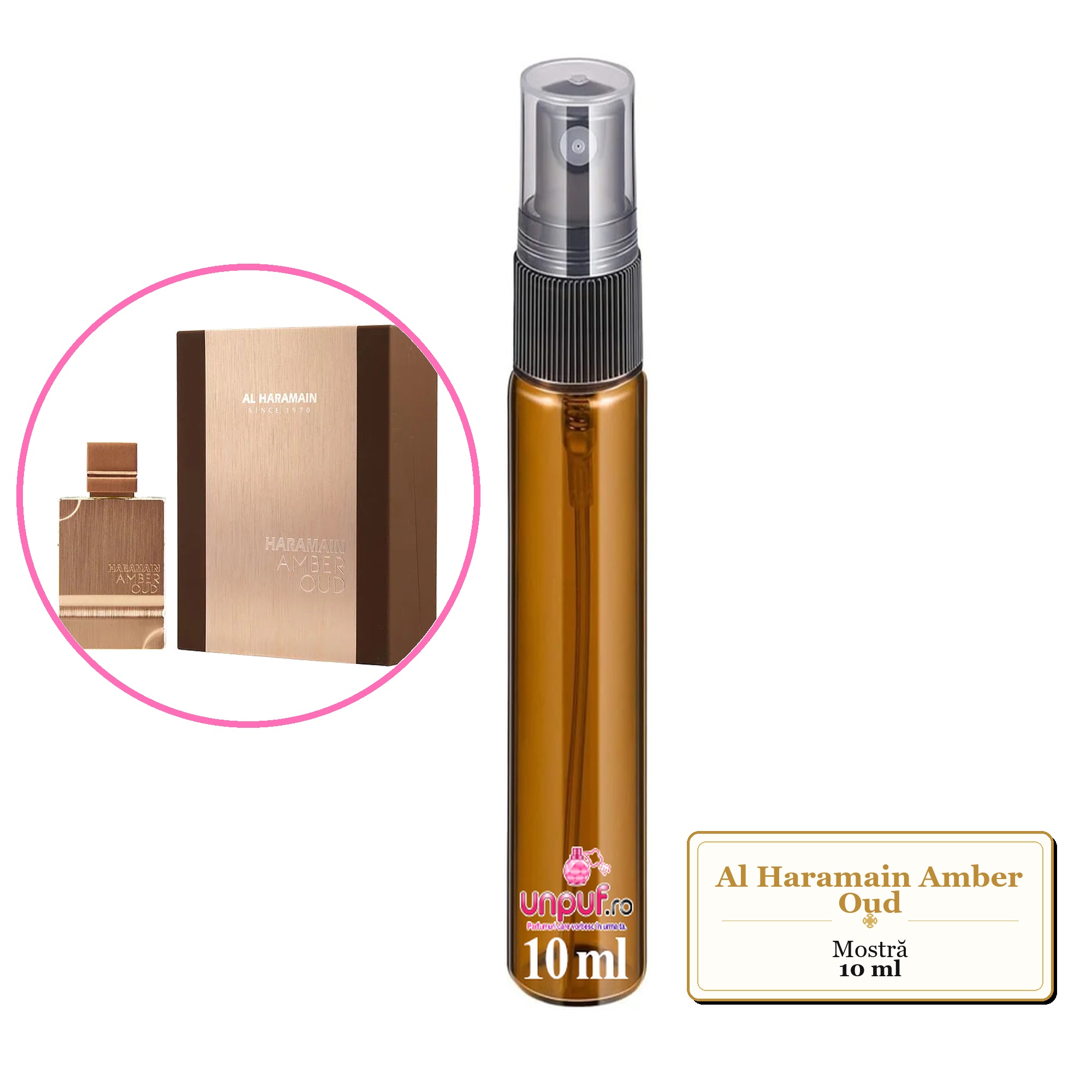 Mostra fiola din Parfumul Al Haramain Amber Oud, decant sticla cu pulverizator 