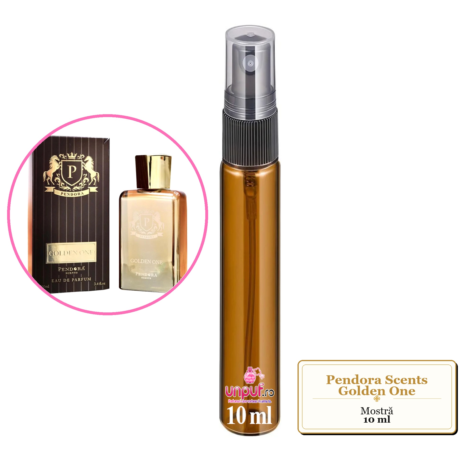 Mostra fiola din Parfumul Pendora Scents Golden One, decant sticla cu pulverizator