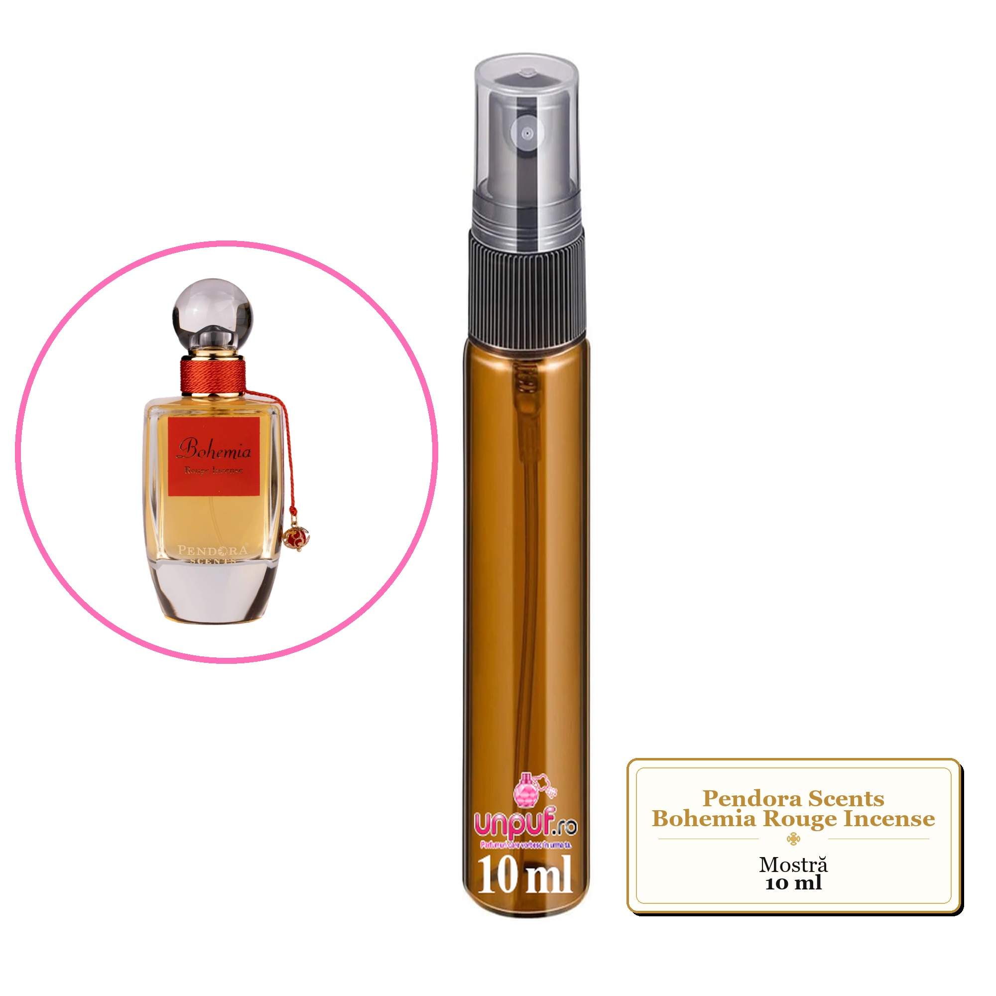 Mostra fiola din Parfumul Pendora Scents Bohemia Rouge Incense, decant sticla cu pulverizator 