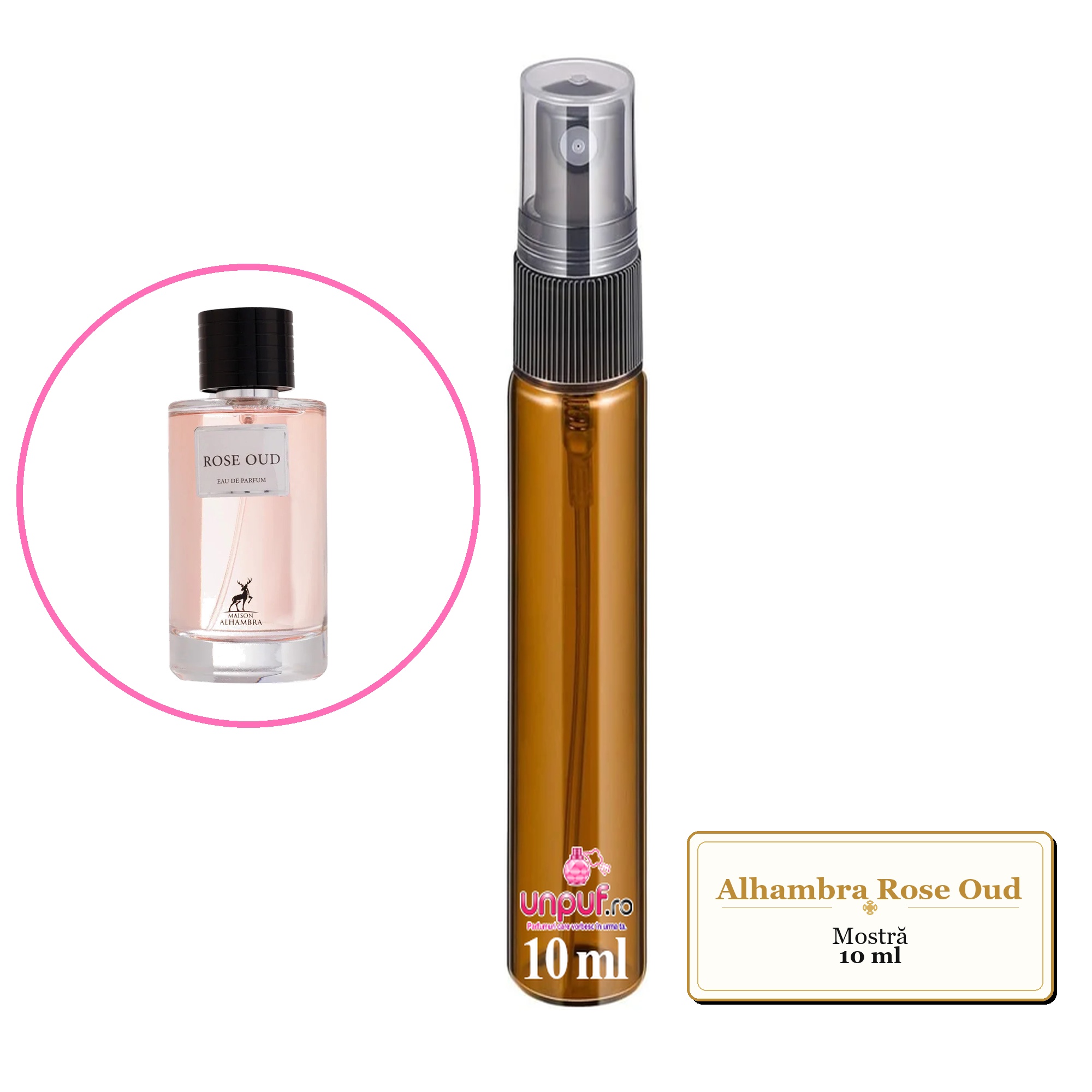 Mostra fiola din Parfumul Alhambra Rose Oud, decant sticla cu pulverizator