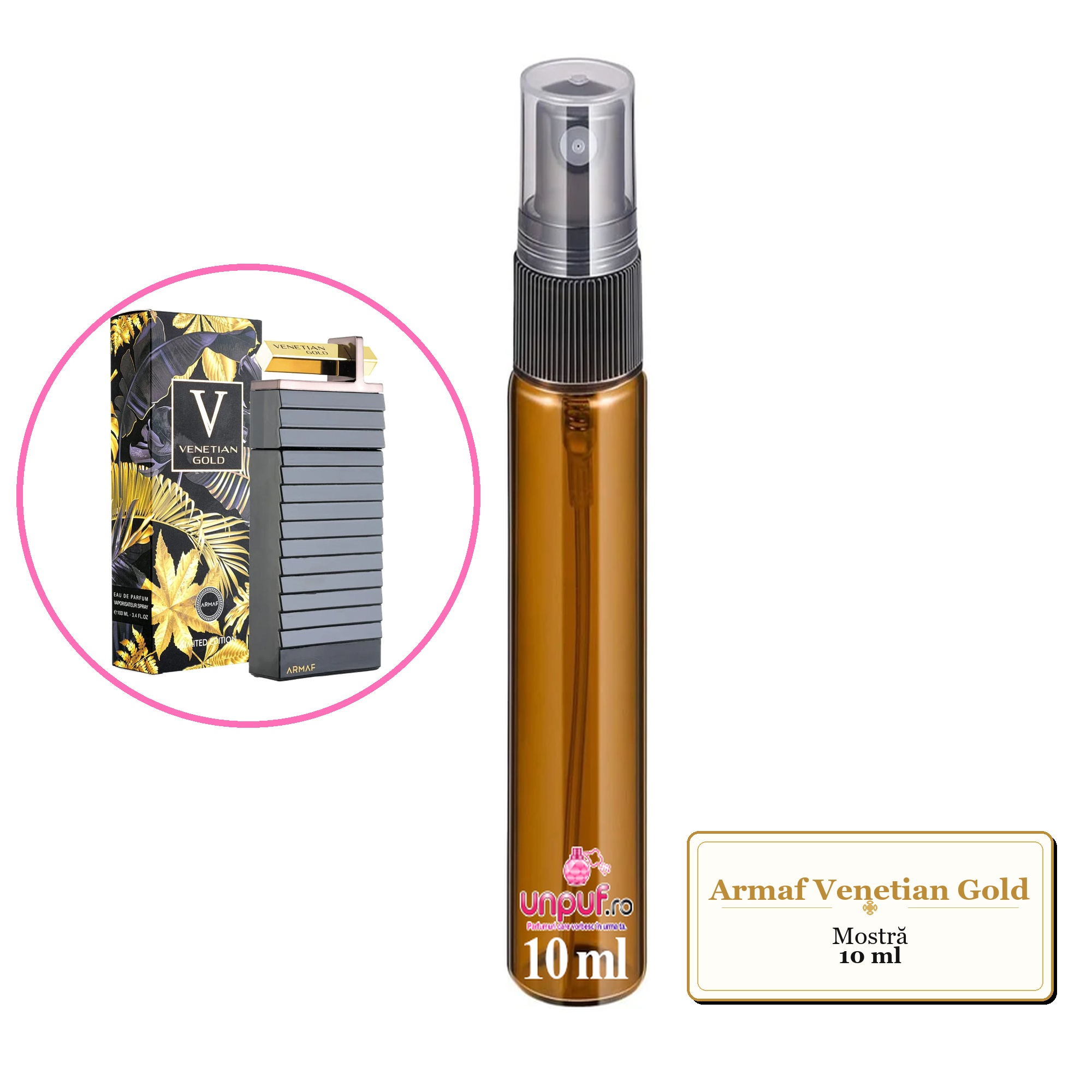 Mostra fiola din Parfumul Armaf Venetian Gold, decant sticla cu pulverizator 