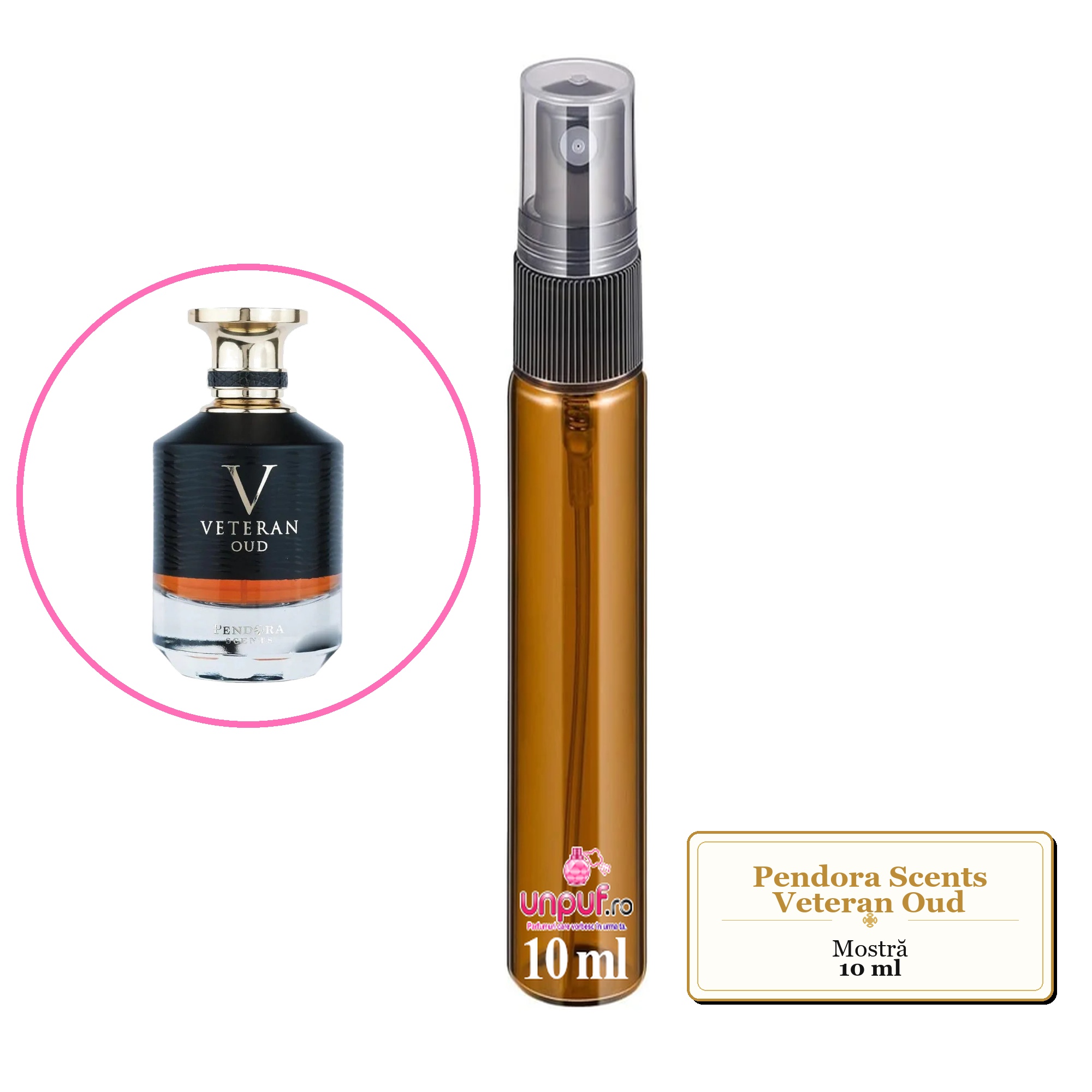 Mostra fiola din Parfumul Pendora Scents Veteran Oud, decant sticla cu pulverizator 