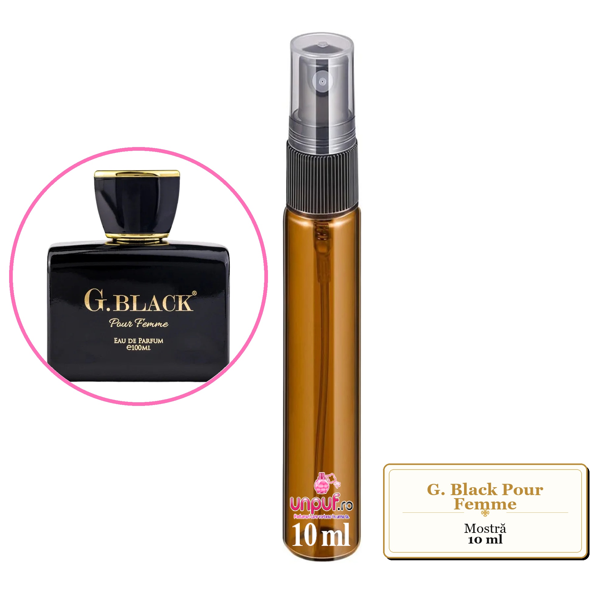 Mostra fiola din Parfumul G. Black Pour Femme, decant sticla cu pulverizator 