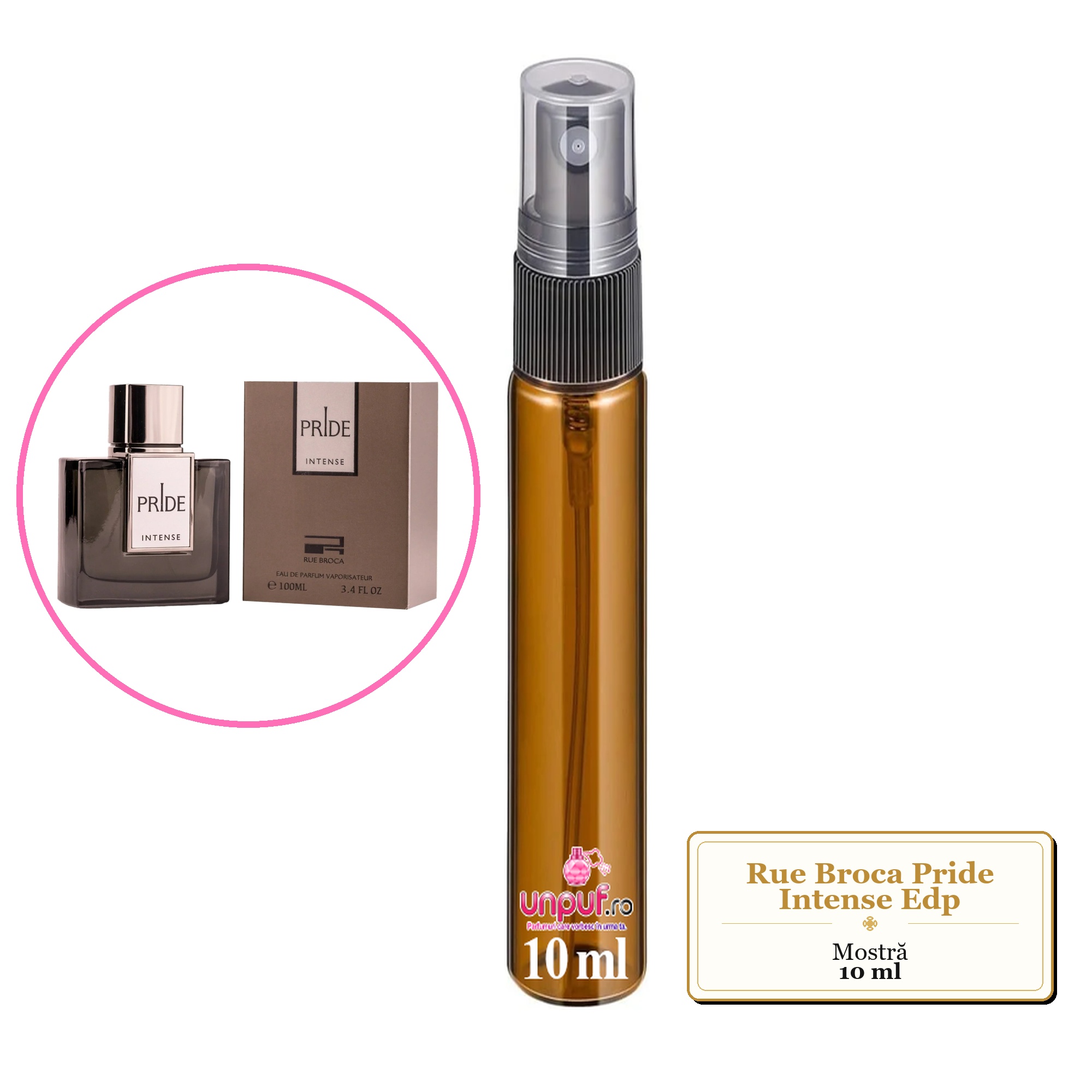 Mostra fiola din Parfumul Rue Broca Pride Intense Edp, decant sticla cu pulverizator 
