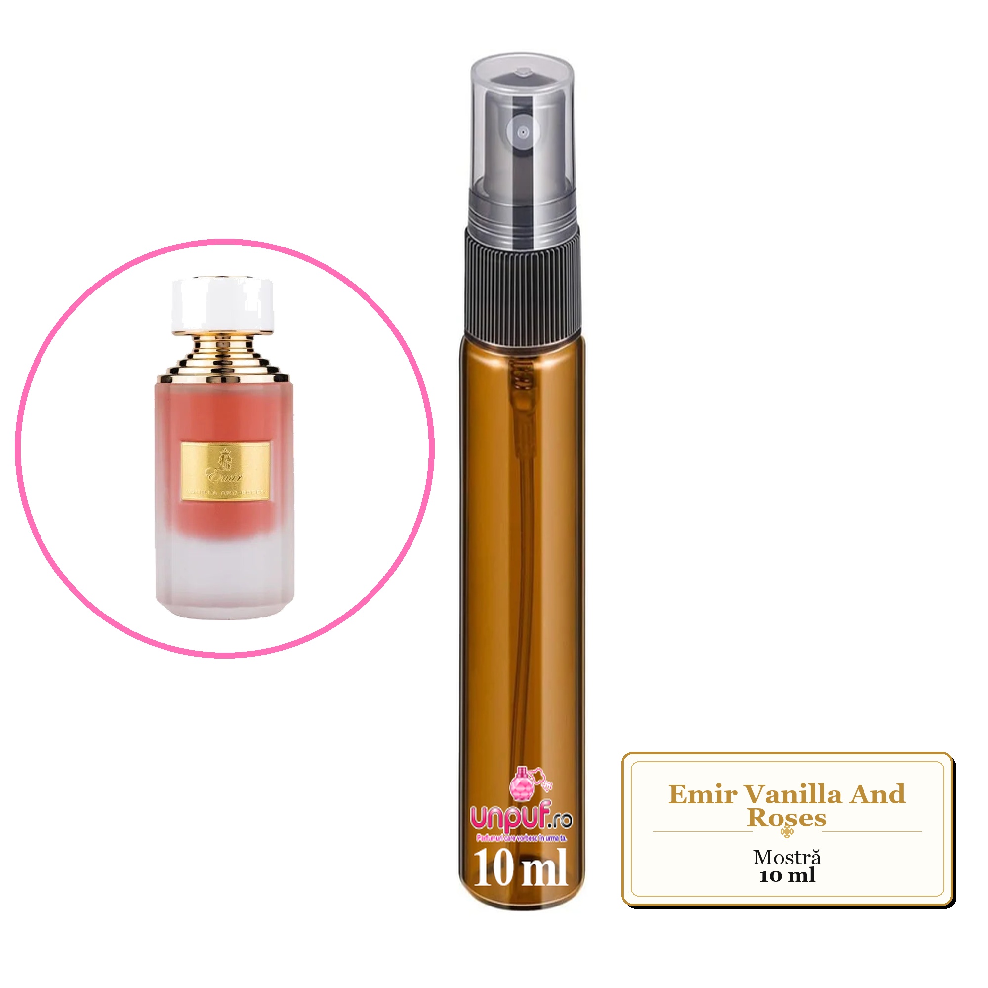 Mostra fiola din Parfumul Emir Vanilla And Roses, decant sticla cu pulverizator