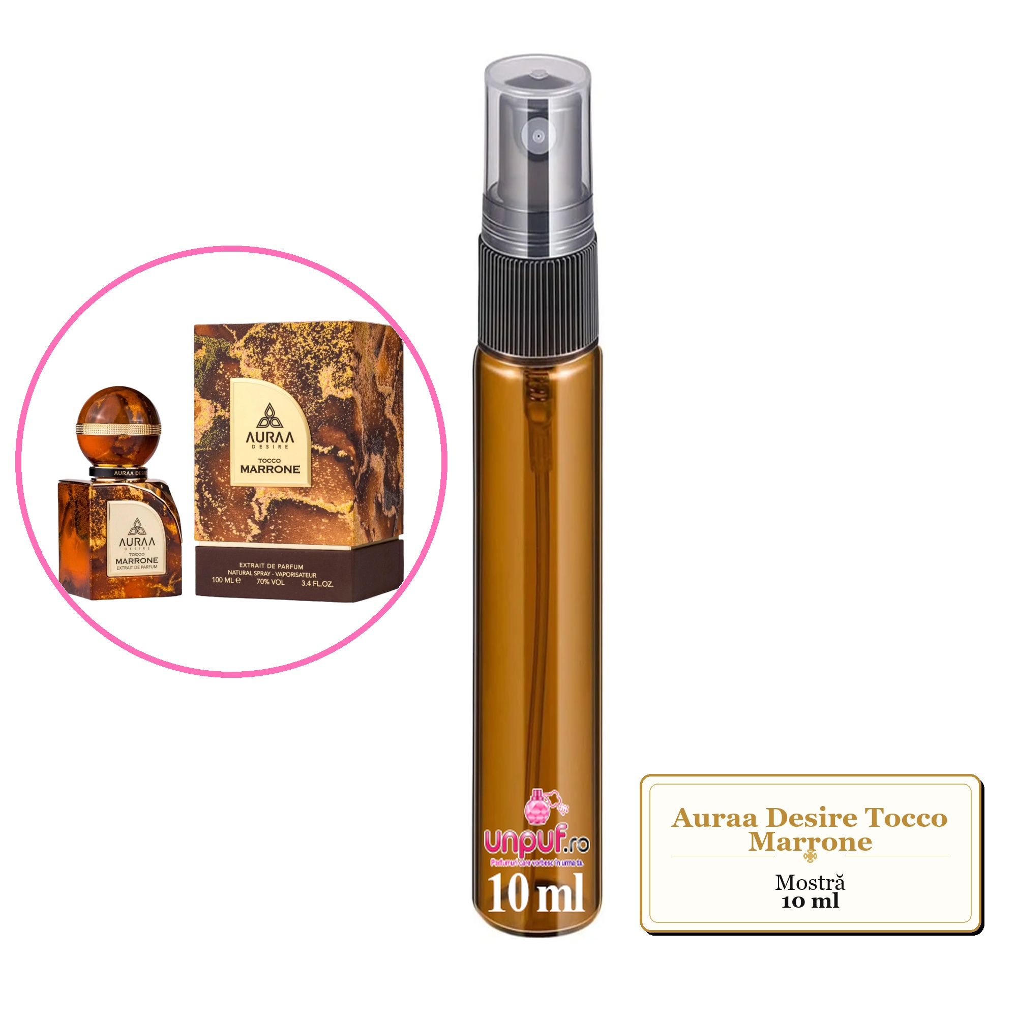 Mostra fiola din Parfumul Auraa Desire Tocco Marrone, decant sticla cu pulverizator 