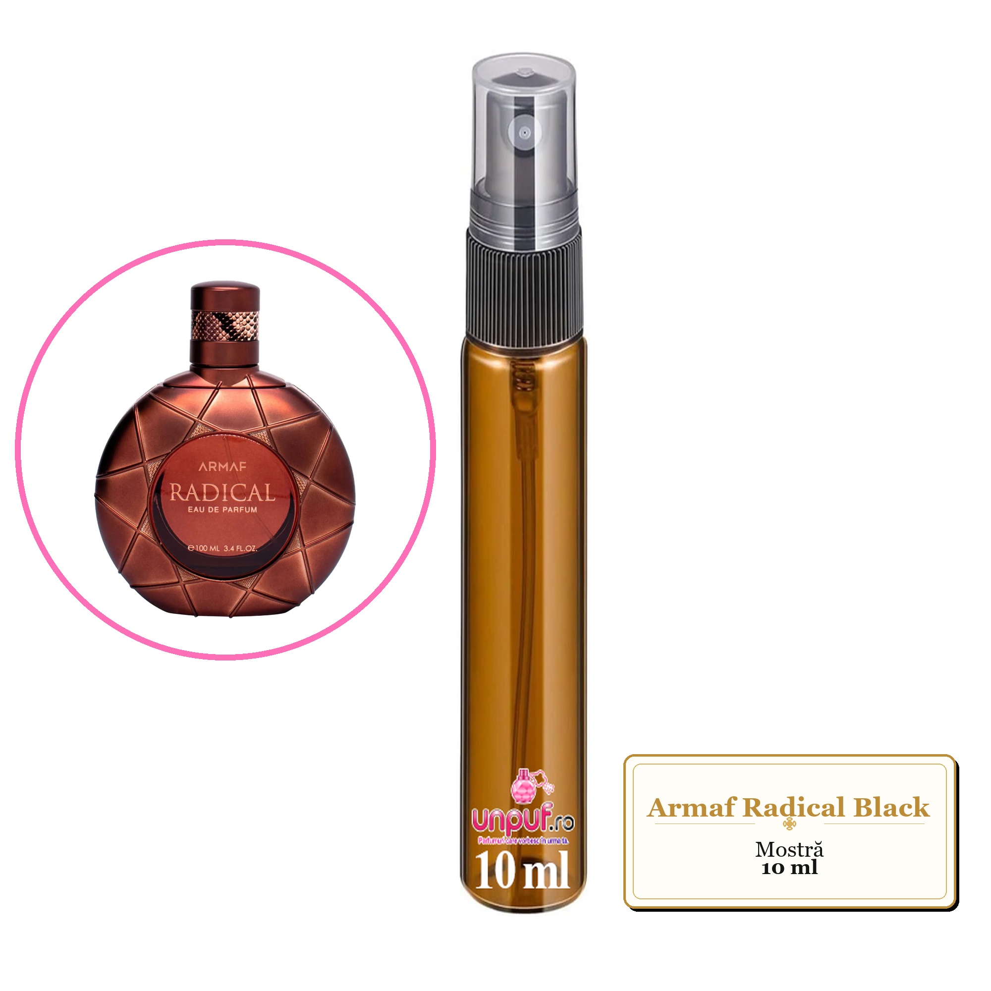Mostra fiola din Parfumul Armaf Radical Black, decant sticla cu pulverizator 