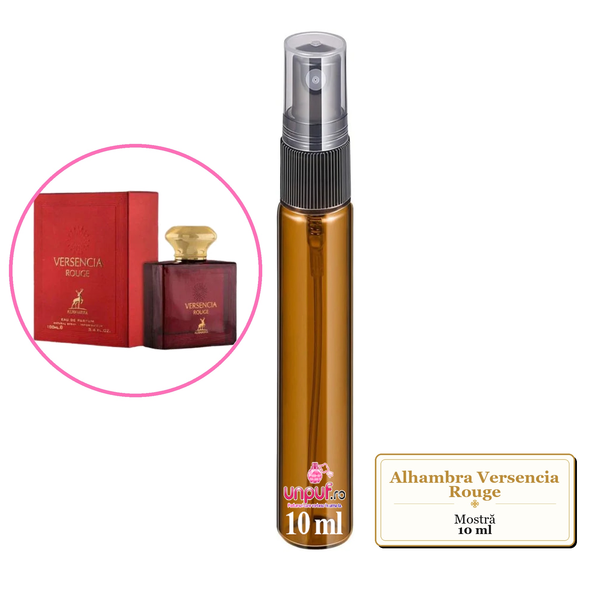Mostra fiola din Parfumul Alhambra Versencia Rouge, decant sticla cu pulverizator 