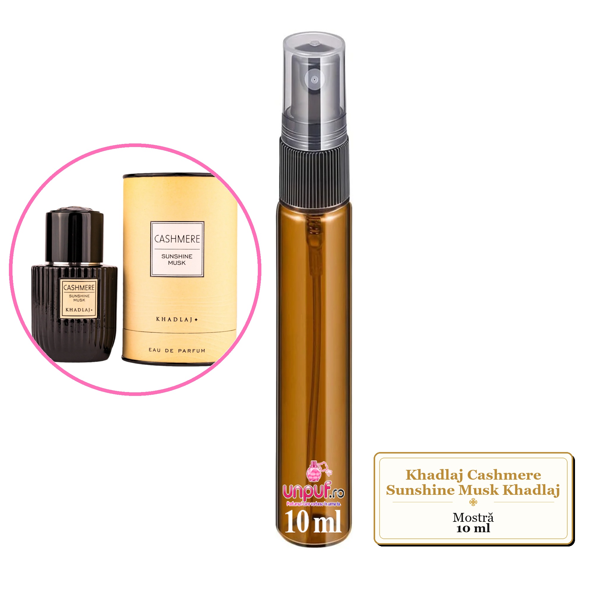 Mostra fiola din Parfumul Khadlaj Cashmere Sunshine Musk Khadlaj, decant sticla cu pulverizator 