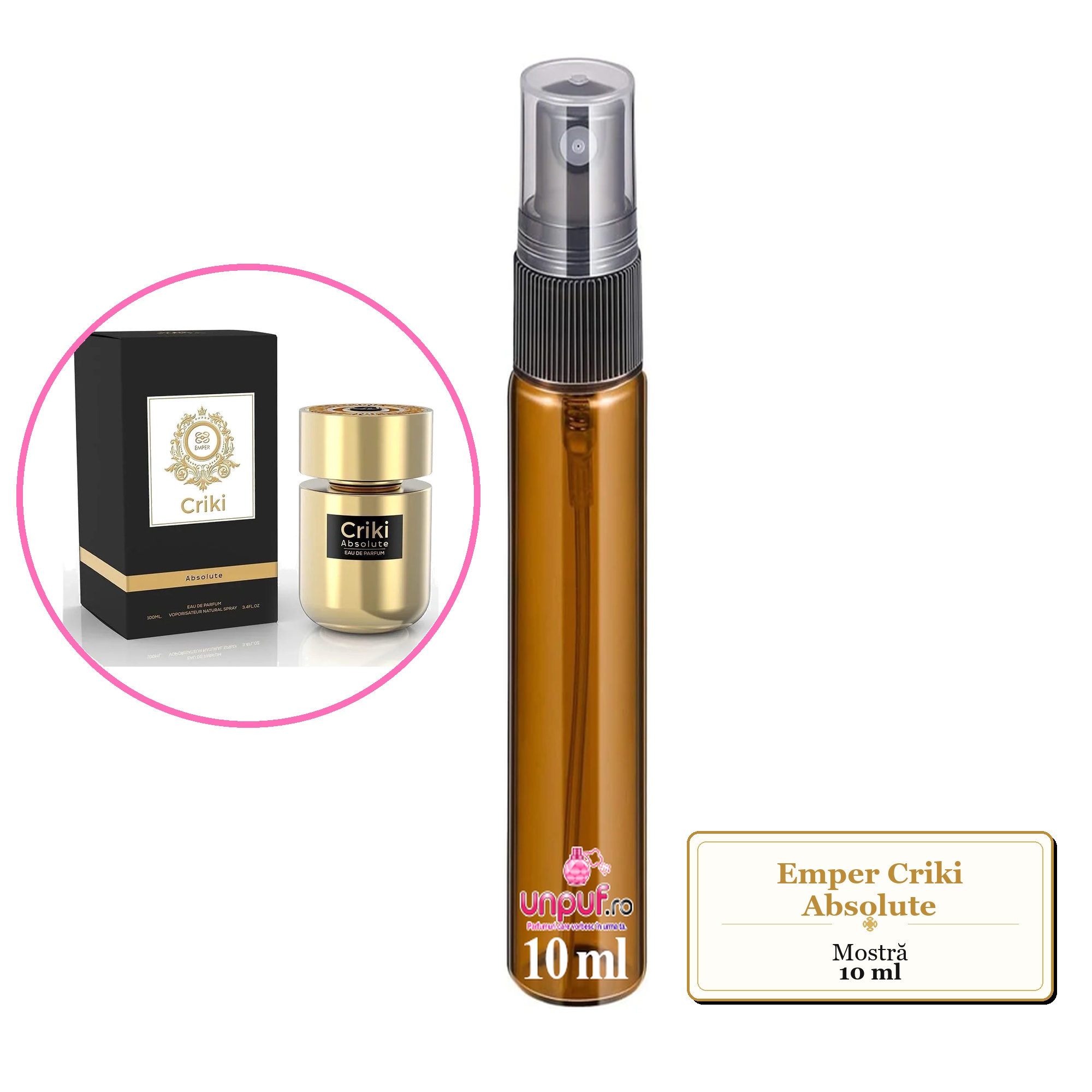 Mostra fiola din Parfumul Emper Criki Absolute, decant sticla cu pulverizator