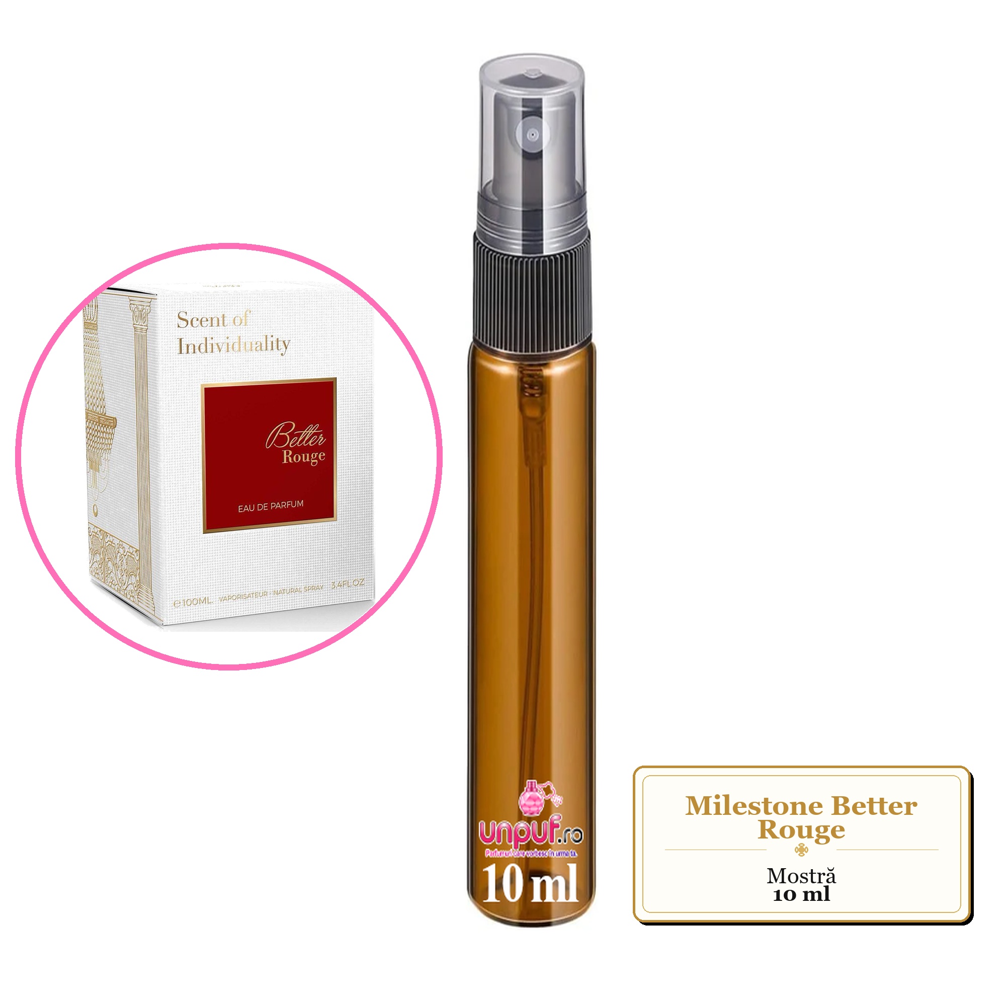 Mostra fiola din Parfumul Milestone Better Rouge, decant sticla cu pulverizator 