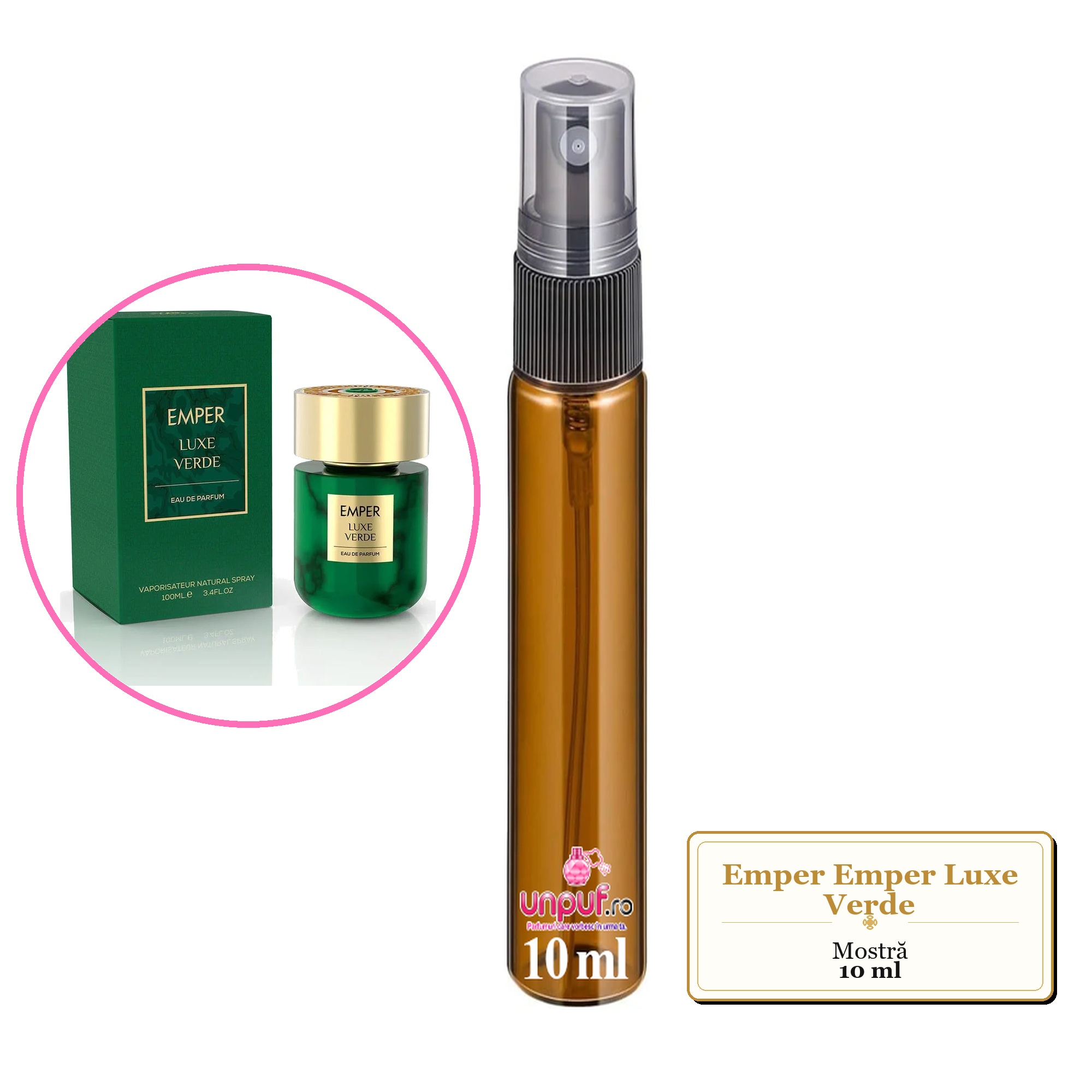 Mostra fiola din Parfumul Emper Emper Luxe Verde, decant sticla cu pulverizator