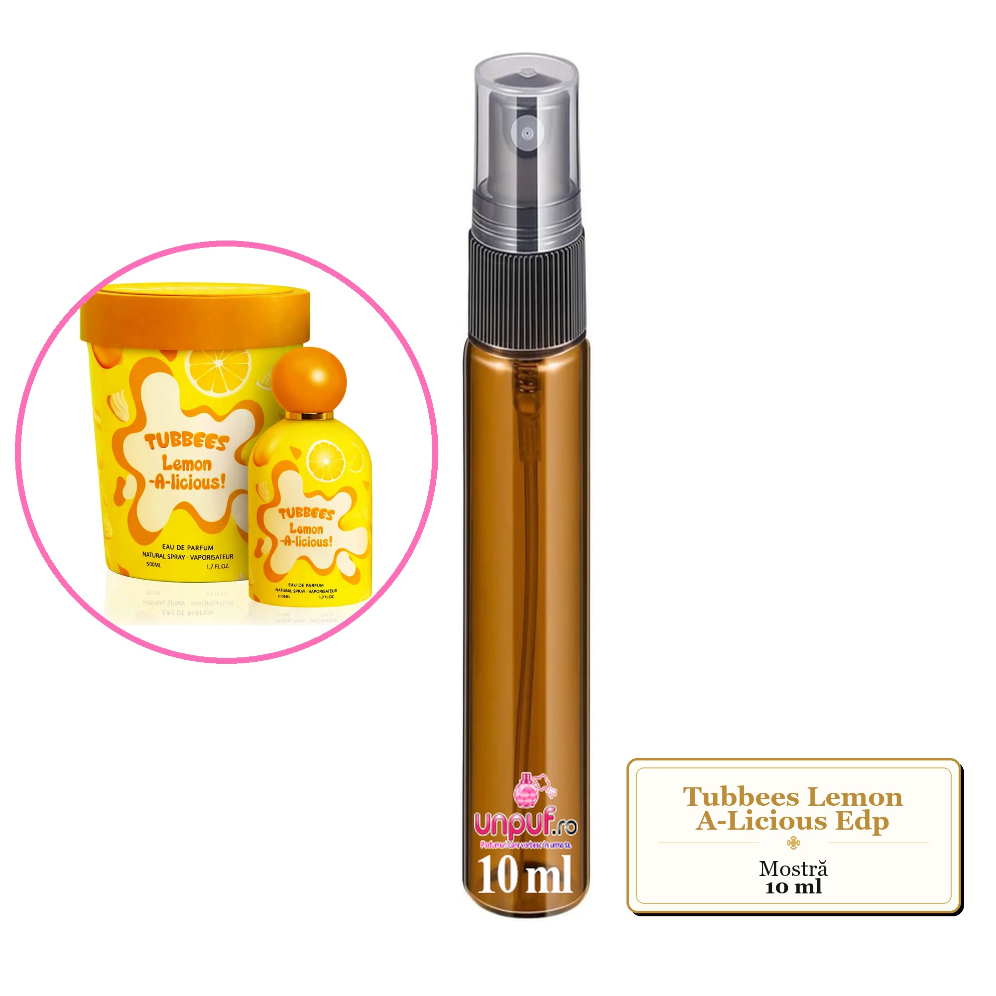 Mostra fiola din Parfumul Tubbees Lemon A-Licious Edp, decant sticla cu pulverizator 