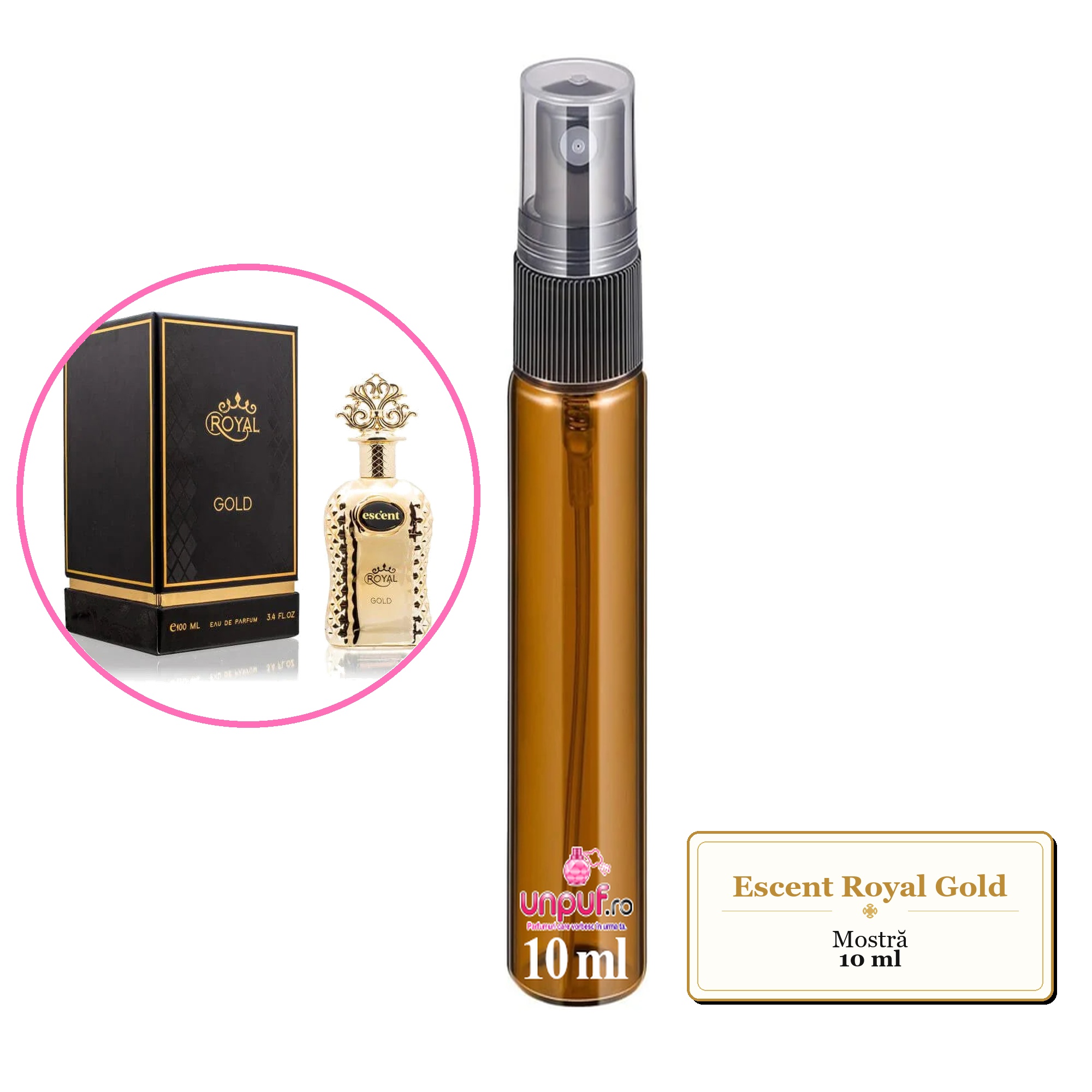 Mostra fiola din Parfumul Escent Royal Gold, decant sticla cu pulverizator 