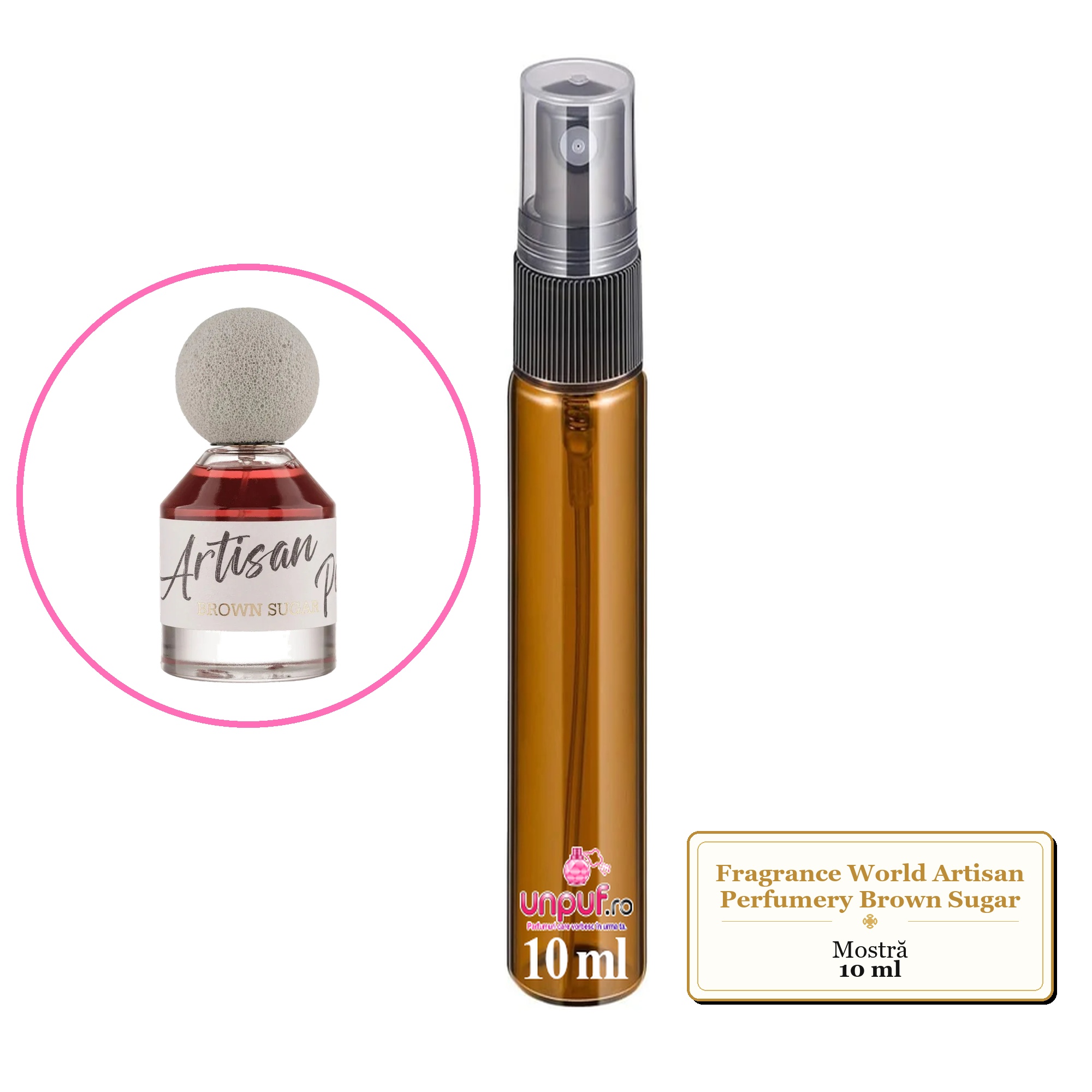 Mostra fiola din Parfumul Fragrance World Artisan Perfumery Brown Sugar, decant sticla cu pulverizator