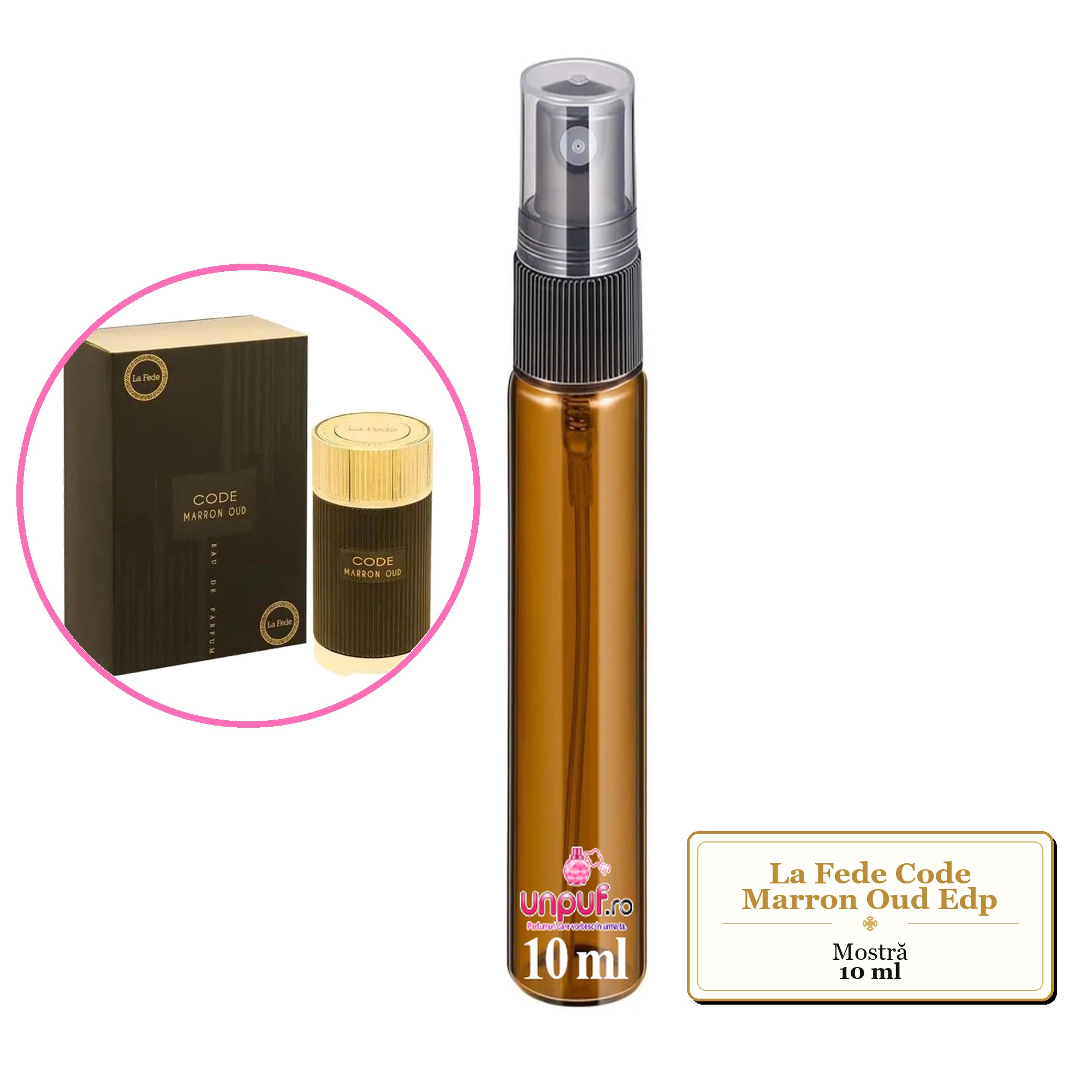 Mostra fiola din Parfumul La Fede Code Marron Oud Edp, decant sticla cu pulverizator