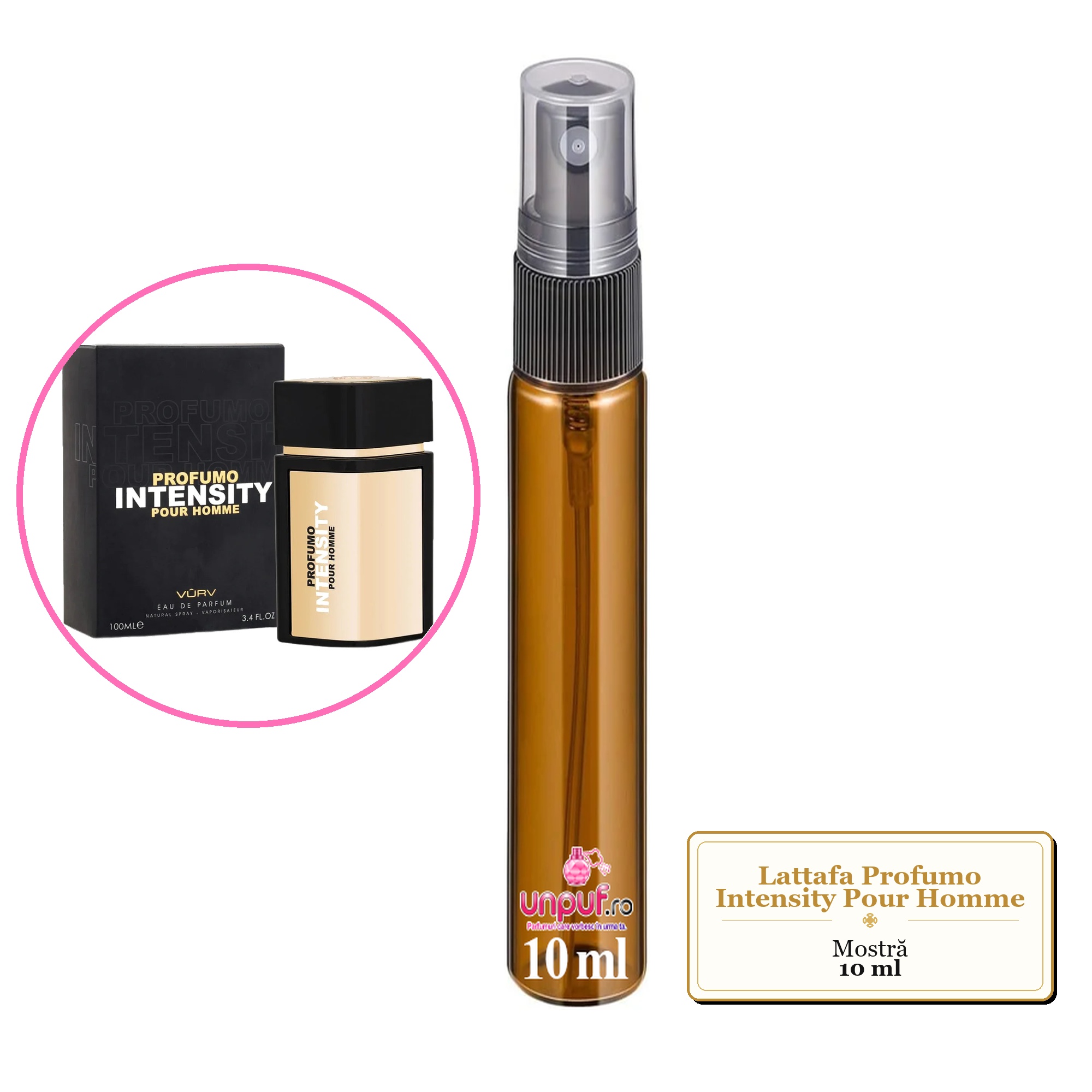 Mostra fiola din Parfumul Lattafa Profumo Intensity Pour Homme, decant sticla cu pulverizator 