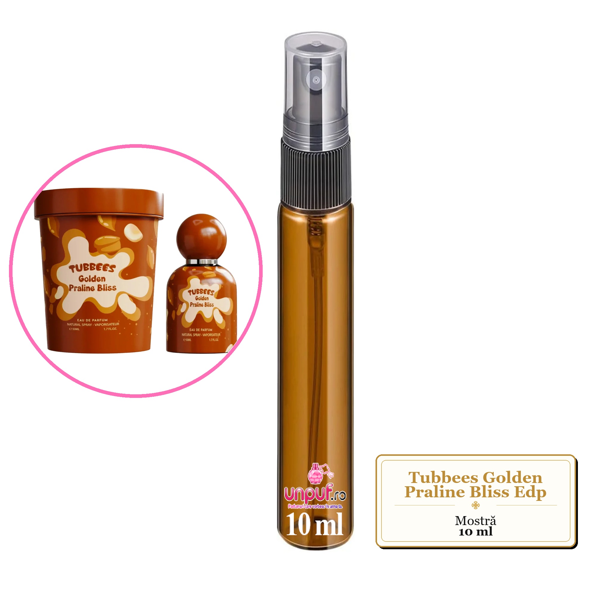 Mostra fiola din Parfumul Tubbees Golden Praline Bliss Edp, decant sticla cu pulverizator 