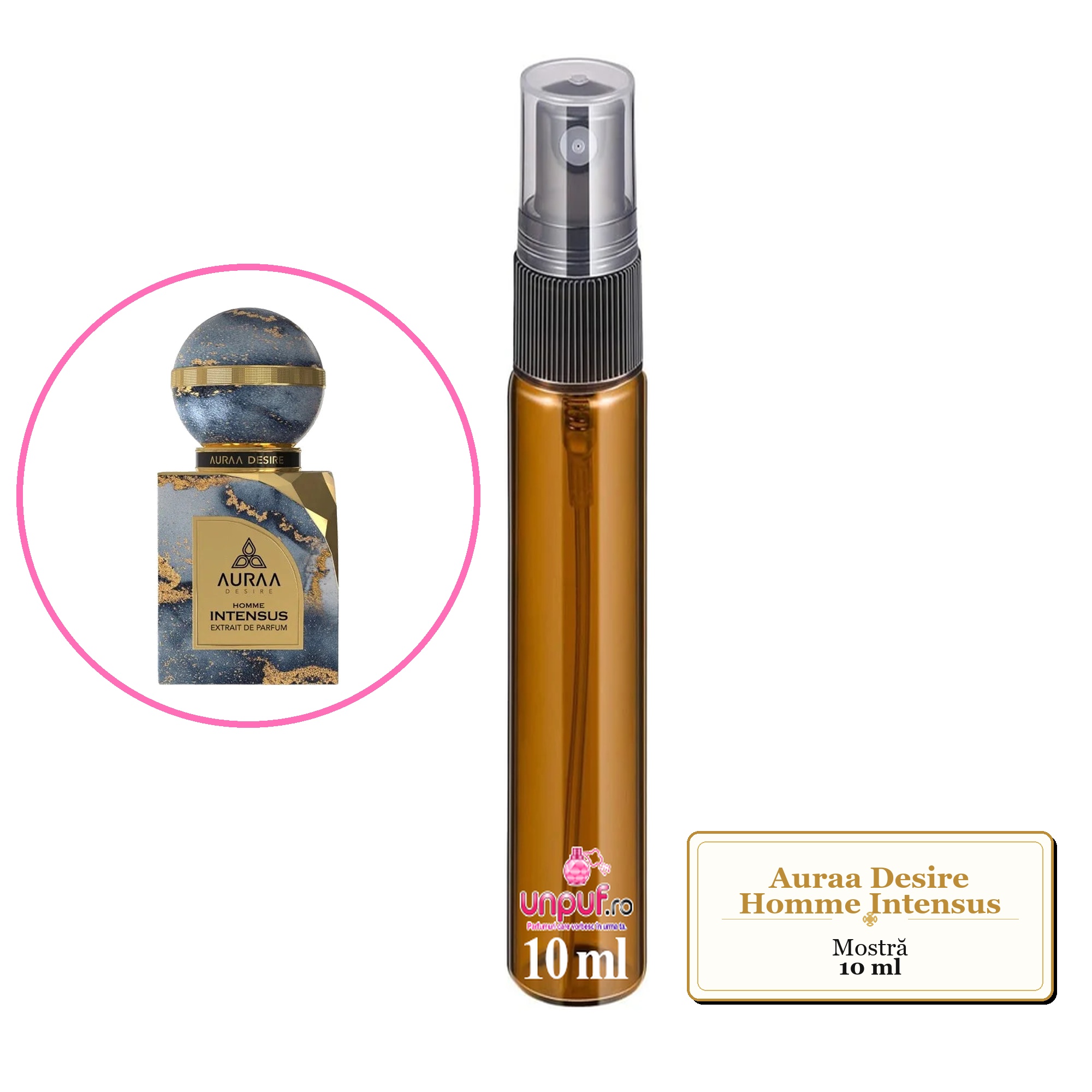 Mostra fiola din Parfumul Auraa Desire Homme Intensus, decant sticla cu pulverizator