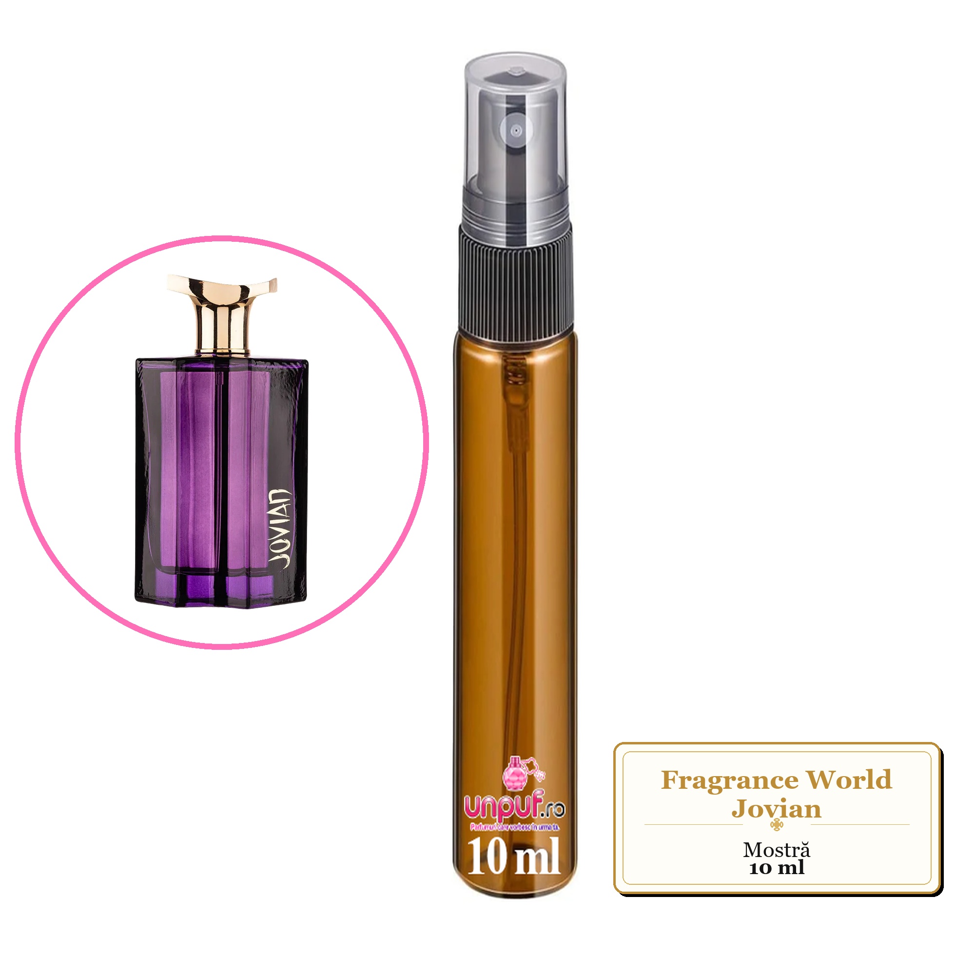 Mostra fiola din Parfumul Fragrance World Jovian, decant sticla cu pulverizator 