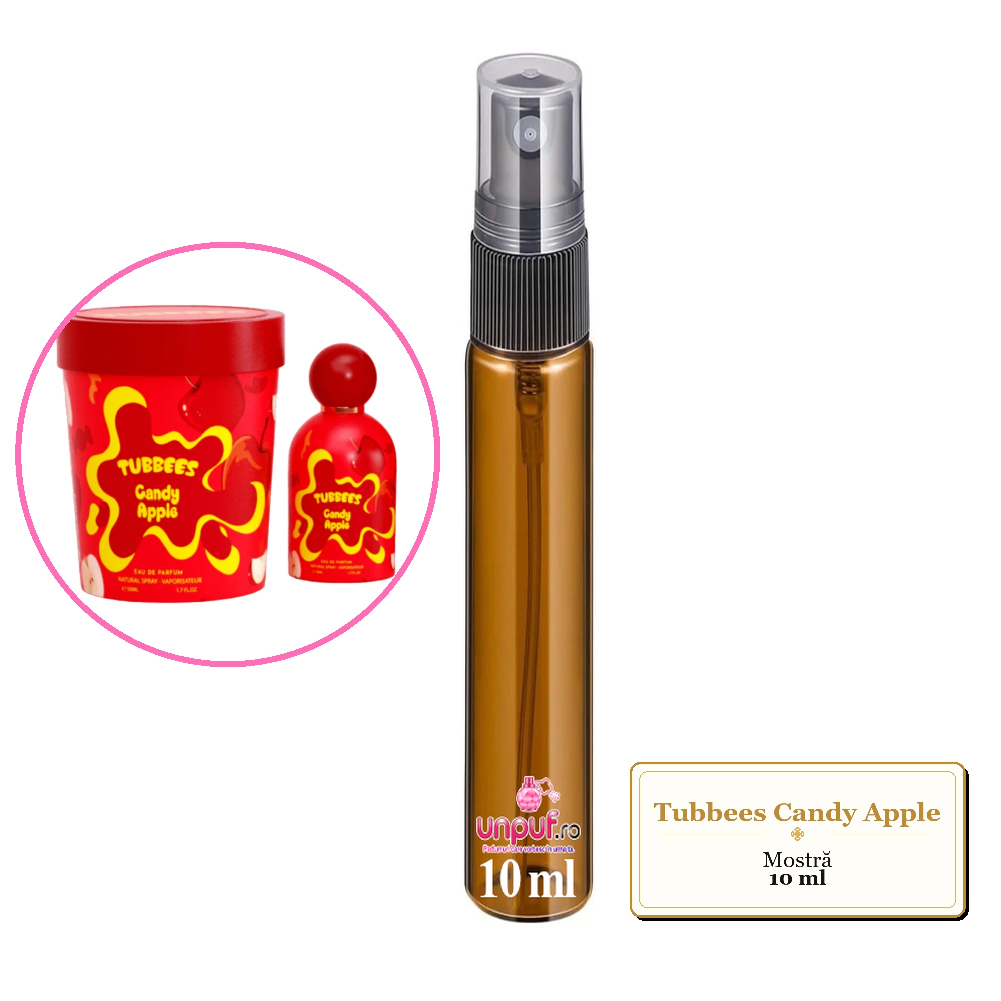 Mostra fiola din Parfumul Tubbees Candy Apple, decant sticla cu pulverizator 