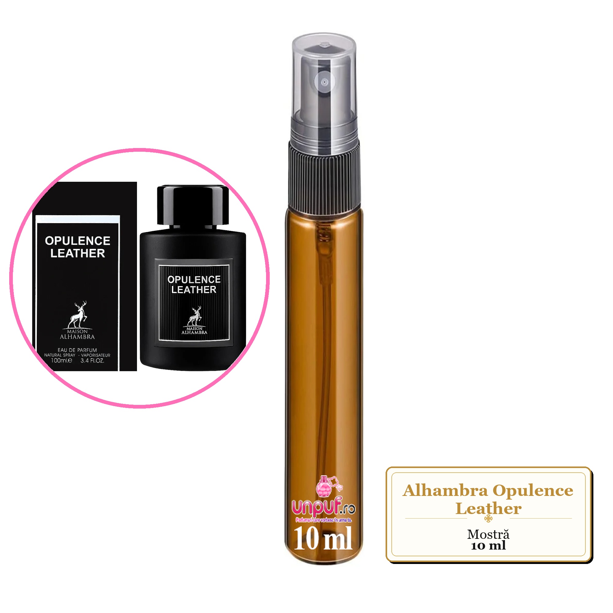 Mostra fiola din Parfumul Alhambra Opulence Leather, decant sticla cu pulverizator