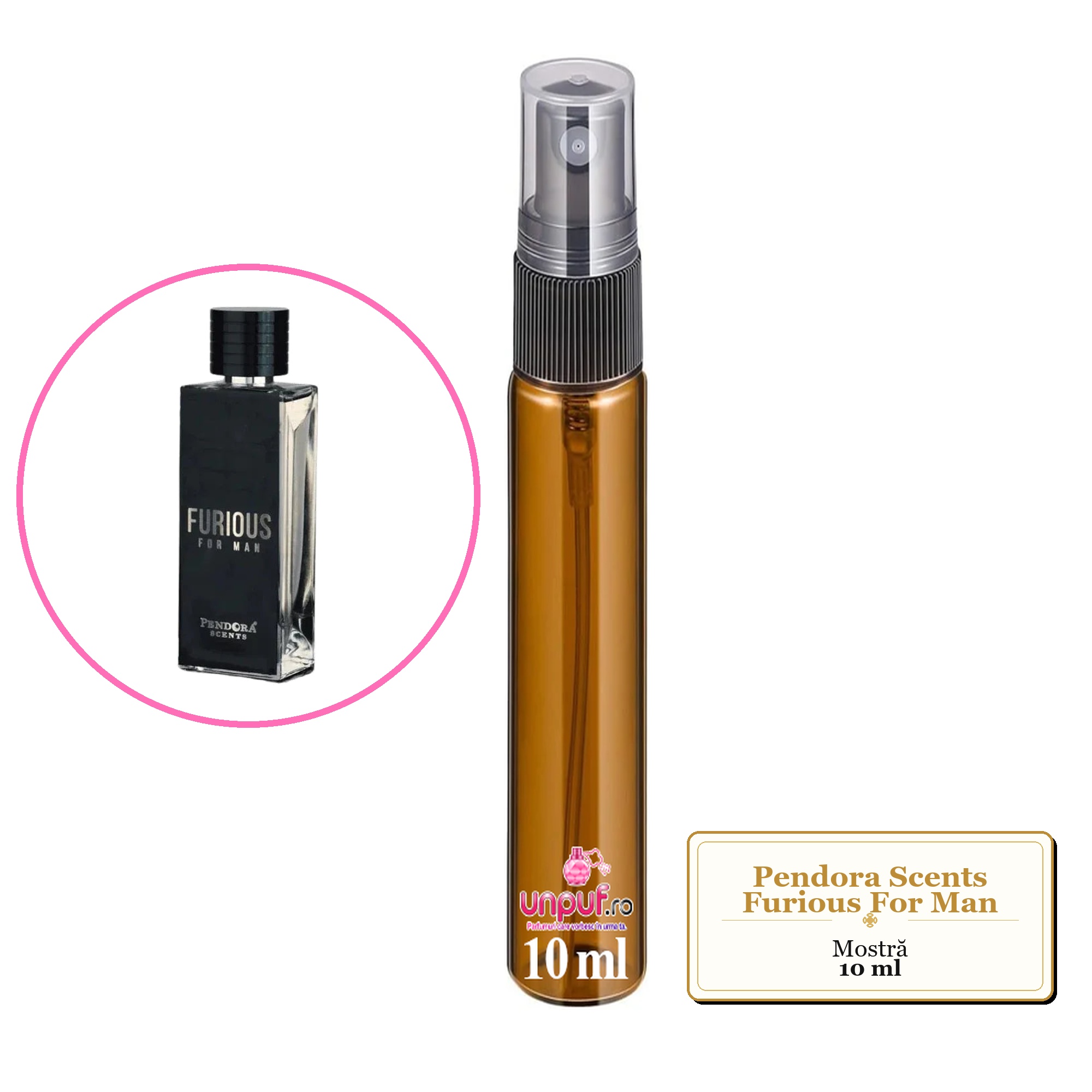Mostra fiola din Parfumul Pendora Scents Furious For Man, decant sticla cu pulverizator 