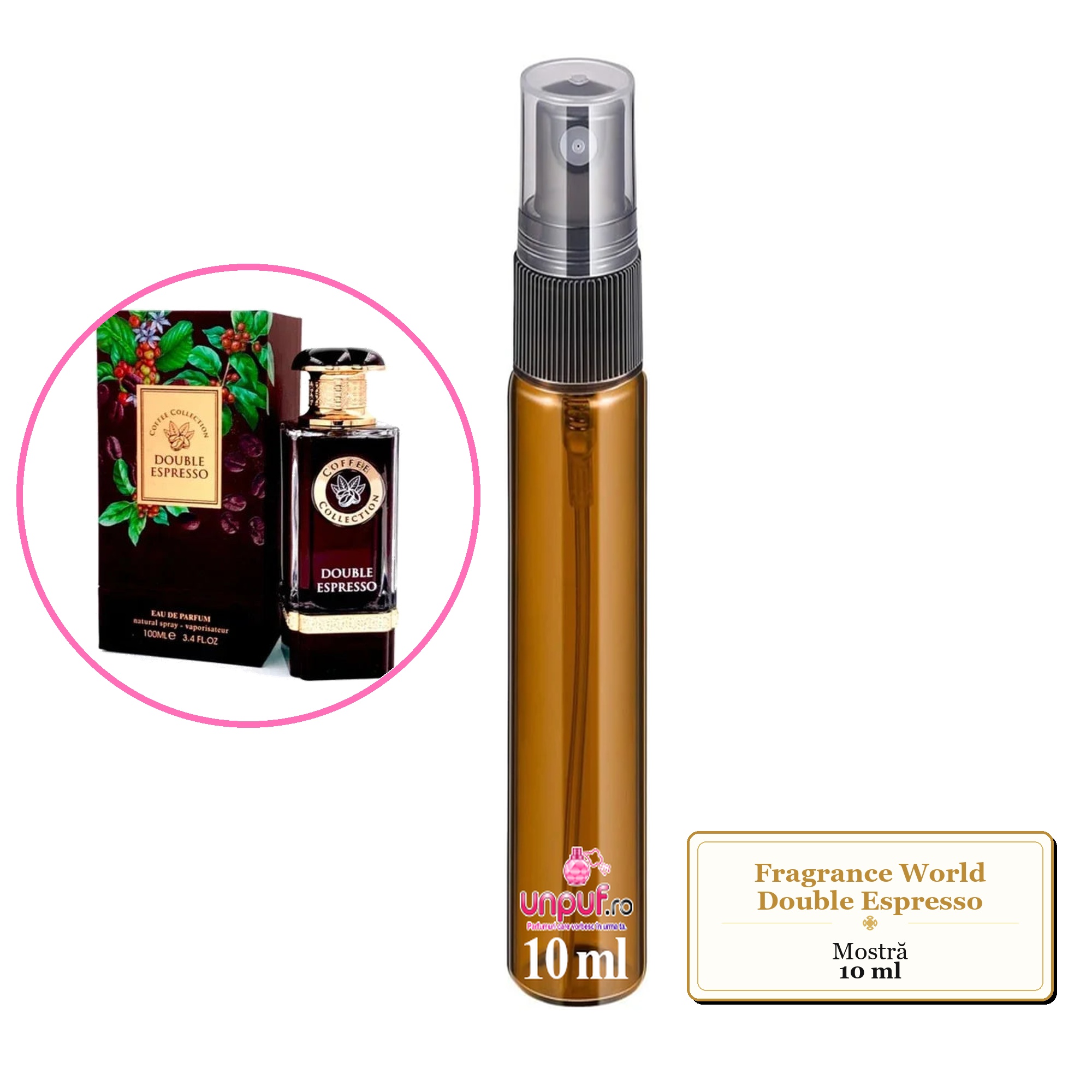 Mostra fiola din Parfumul Fragrance World Double Espresso, decant sticla cu pulverizator
