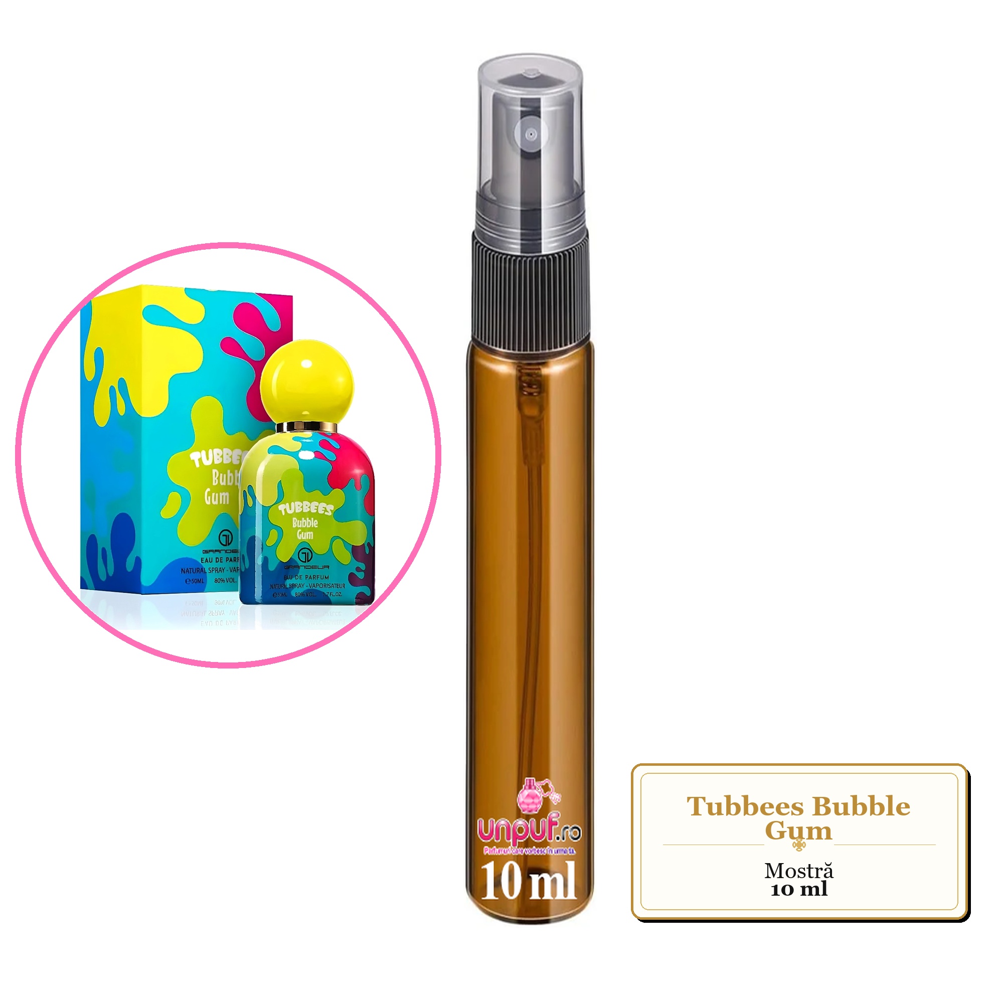Mostra fiola din Parfumul Tubbees Bubble Gum, decant sticla cu pulverizator 