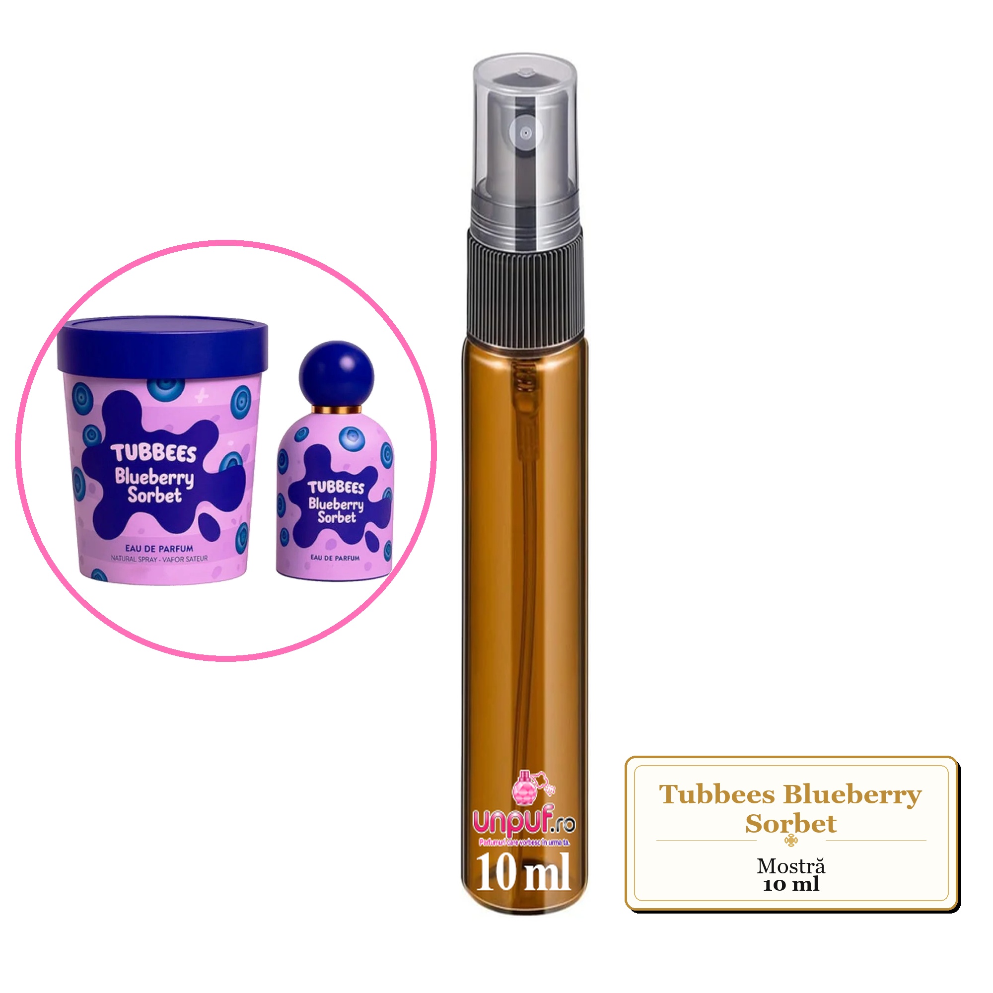 Mostra fiola din Parfumul Tubbees Blueberry Sorbet, decant sticla cu pulverizator 