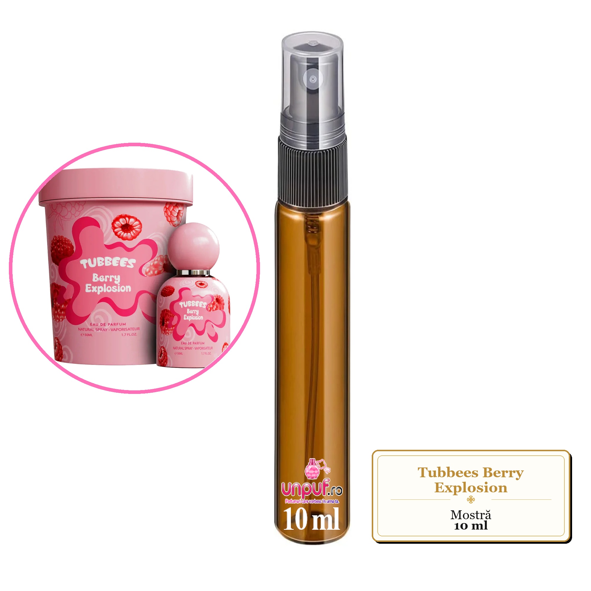 Mostra fiola din Parfumul Tubbees Berry Explosion, decant sticla cu pulverizator 
