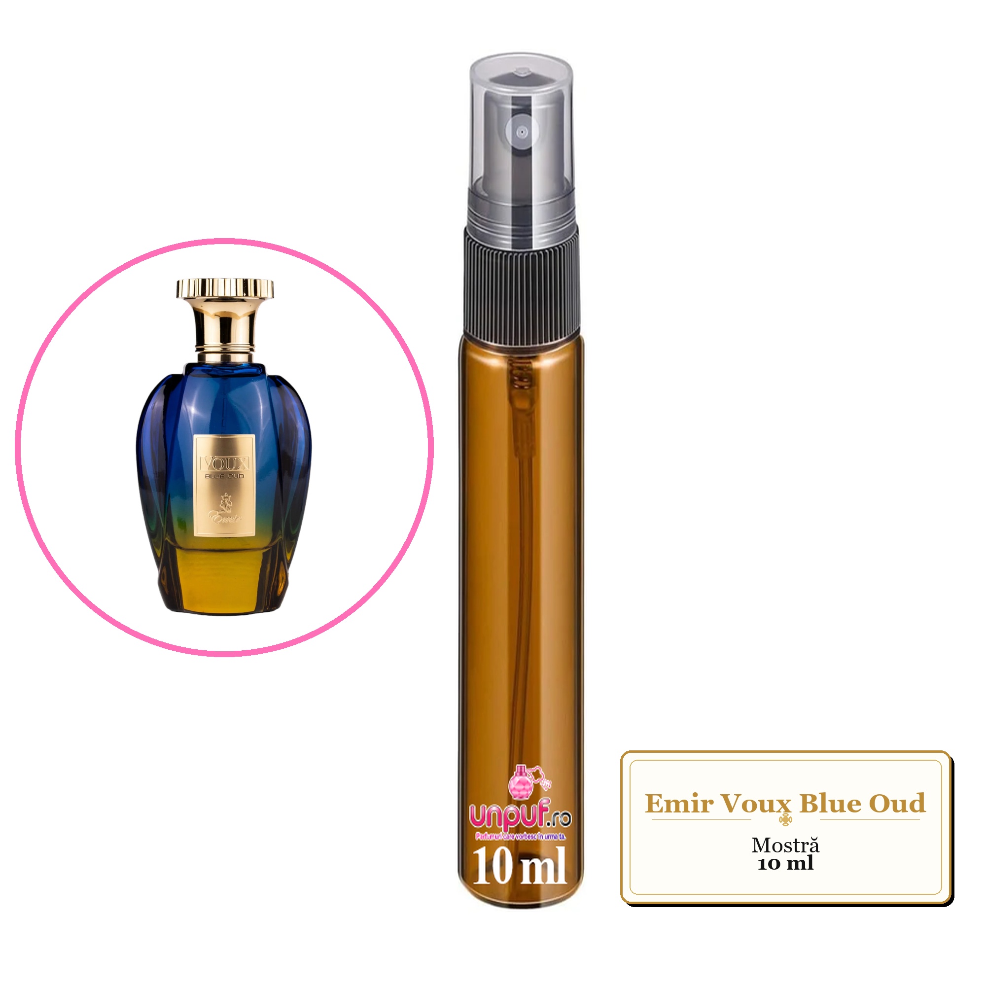 Mostra fiola din Parfumul Emir Voux Blue Oud, decant sticla cu pulverizator 