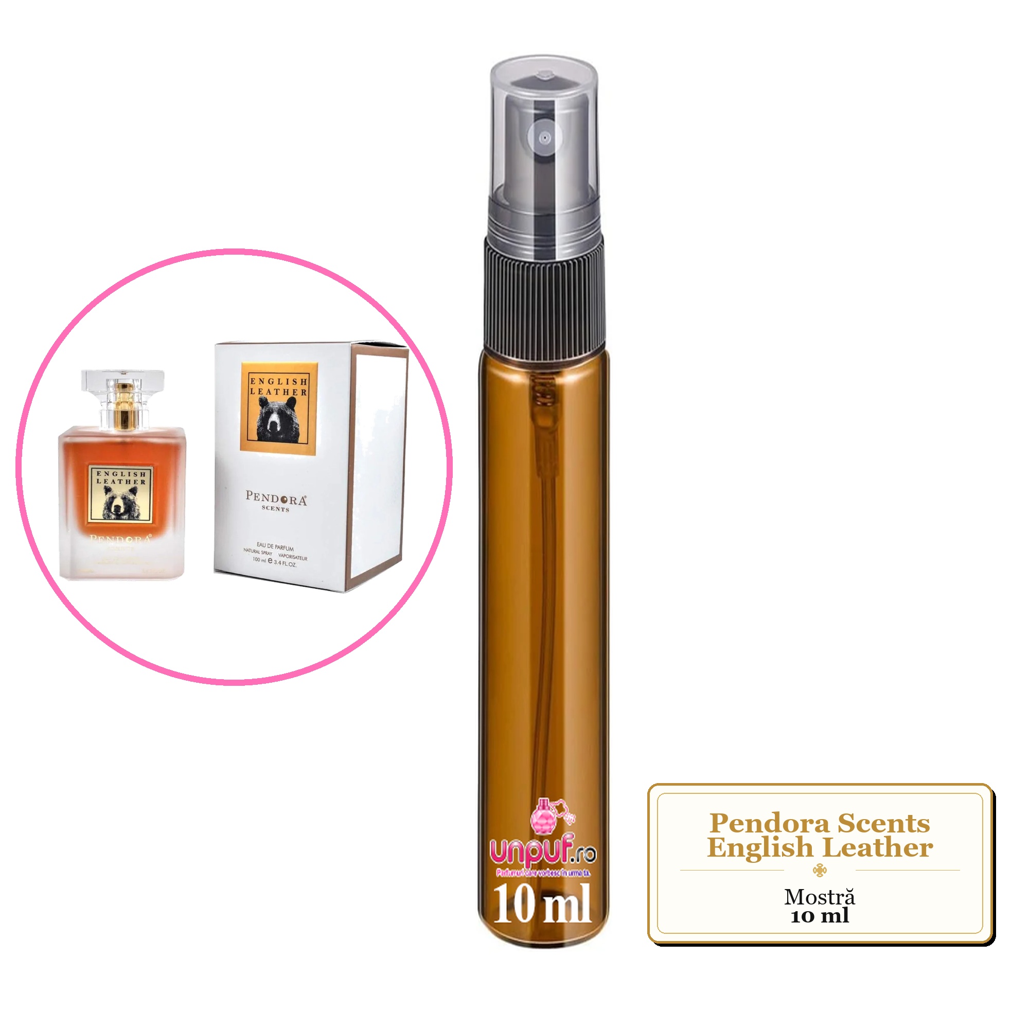 Mostra fiola din Parfumul Pendora Scents English Leather, decant sticla cu pulverizator 