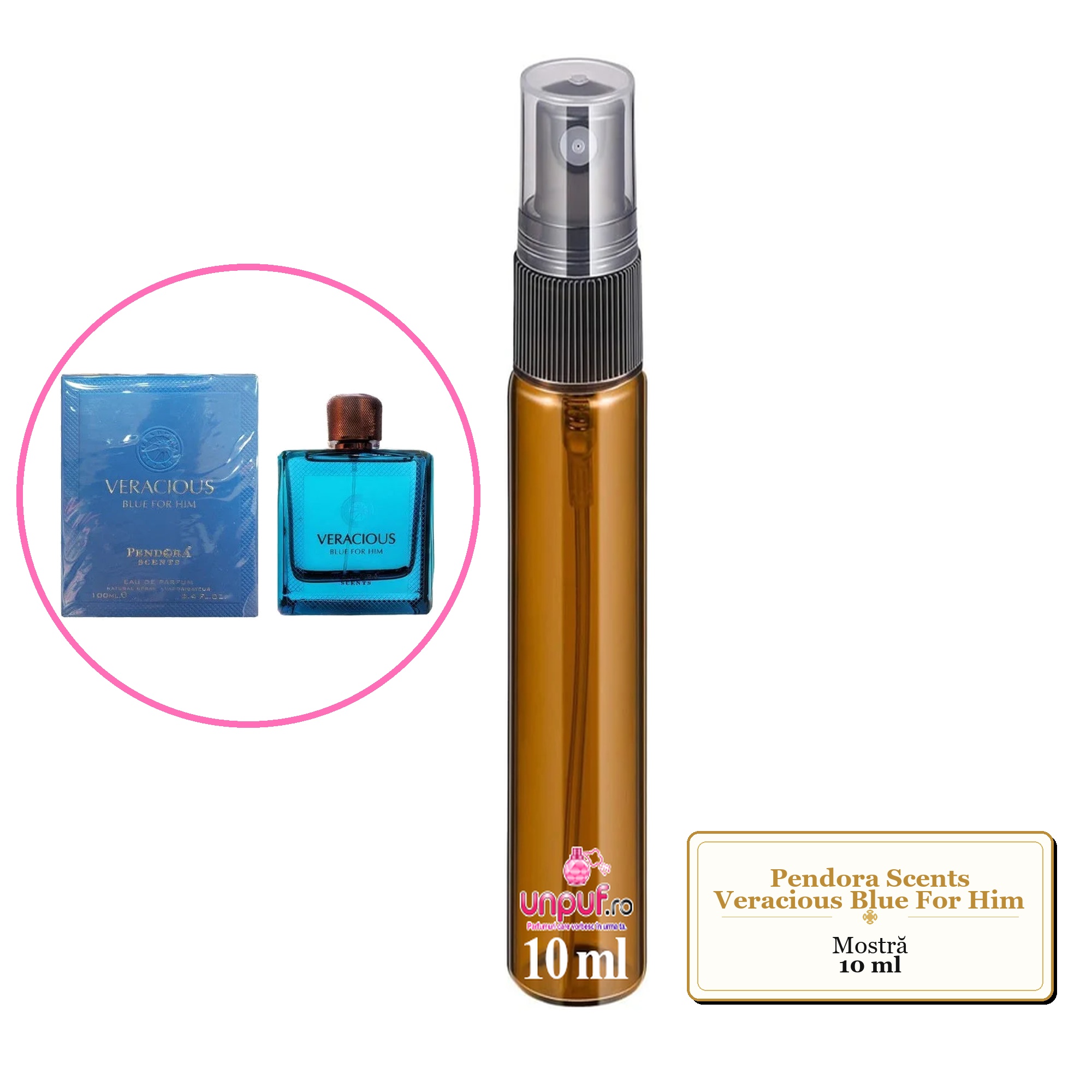 Mostra fiola din Parfumul Pendora Scents Veracious Blue For Him, decant sticla cu pulverizator 