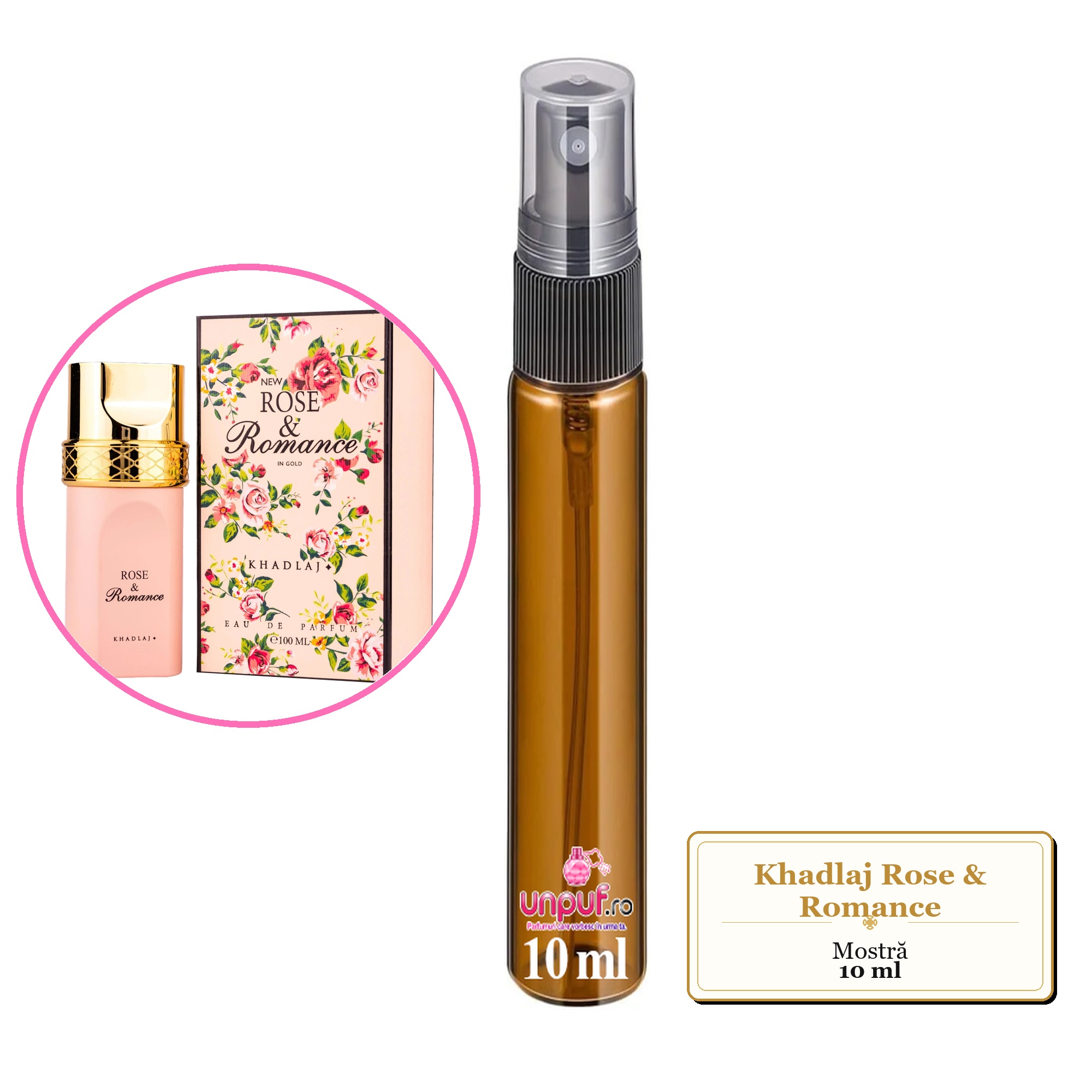 Mostra fiola din Parfumul Khadlaj Rose & Romance, decant sticla cu pulverizator 