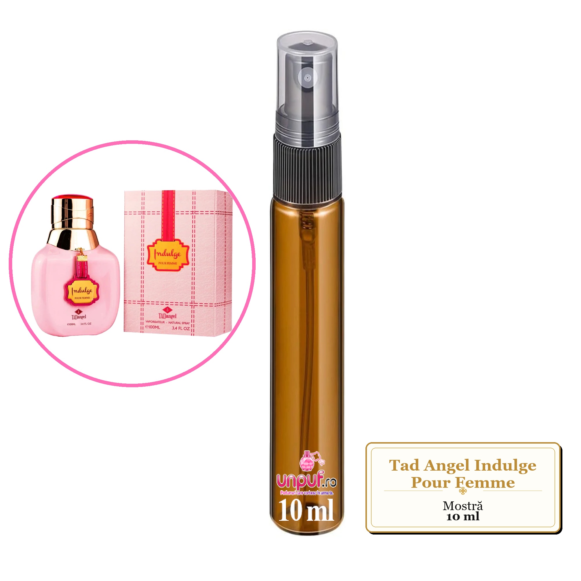 Mostra fiola din Parfumul Tad Angel Indulge Pour Femme, decant sticla cu pulverizator 